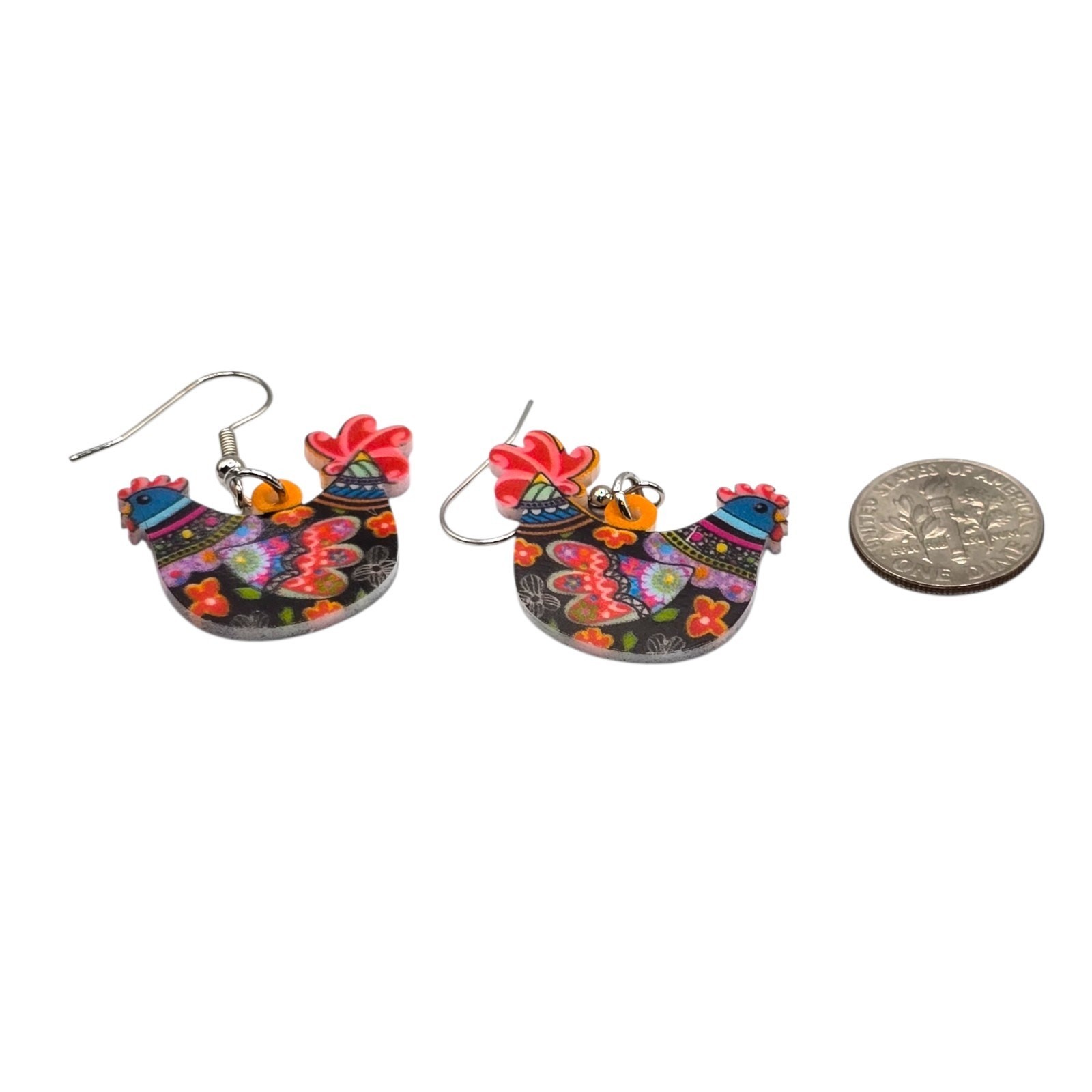 Earrings Hens Colorful Acrylic Chicken Dangle Novelty Fun Pierced SKU 3075