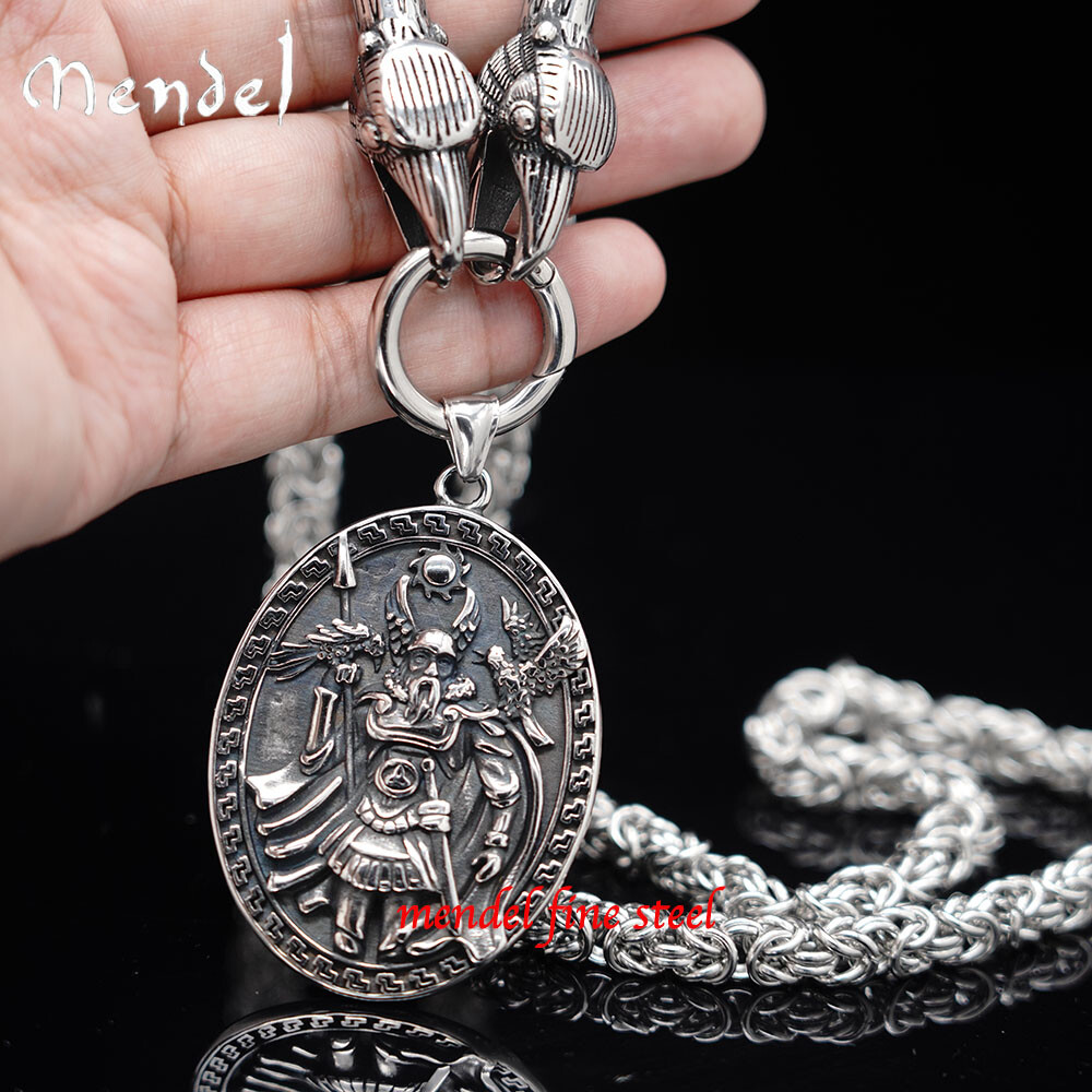 MENDEL Stainless Steel 30 Inch Viking Odin Raven Wolf Pendant Necklace Men Chain