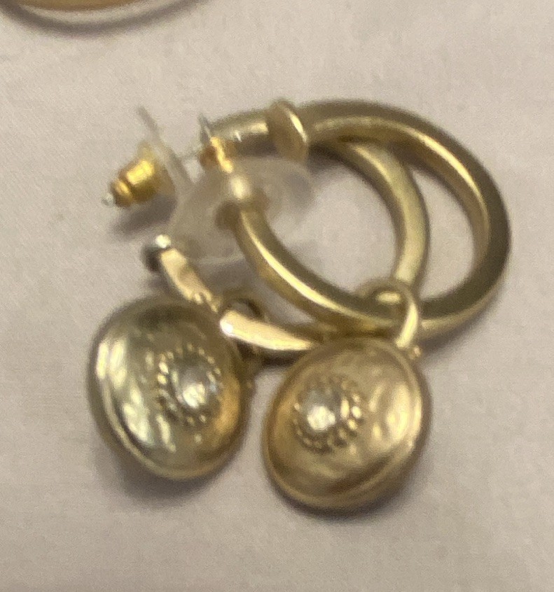 Gold Tone Round Hoop Dangle Charm Latch Back Earrings 1 in Dia 2 in Lot of 2