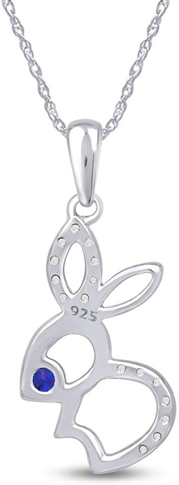 Cute Bunny Rabbit Pendant Necklace Simulated Blue Sapphire 14K White Gold Plated