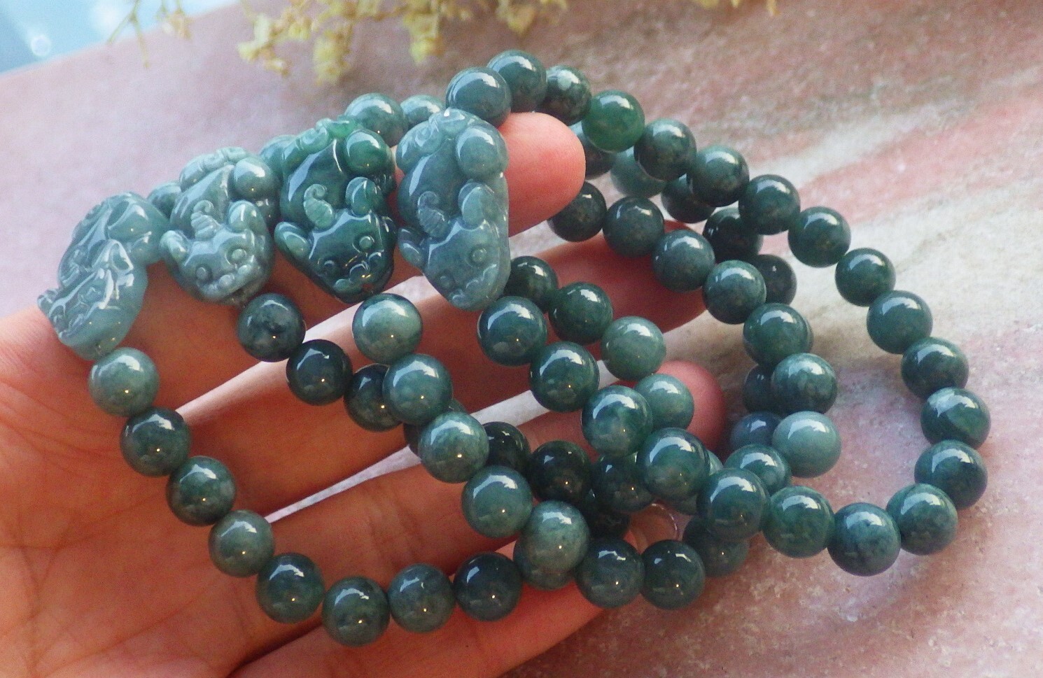 1 piece Green A JADE Jadeite Beads Bangle Dragon Pi Xiu Bracelet 6 inches 694382