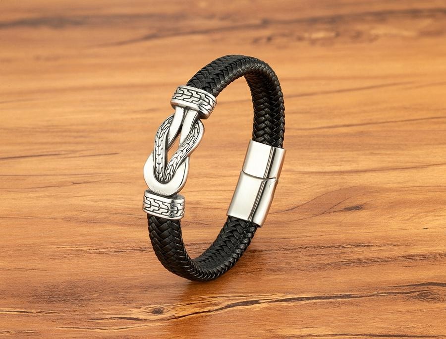Men’s Stainless Steel Braided Leather Bracelet Black/Brown Magnetic Clasp Rope