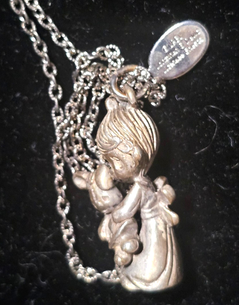 Precious Moments Johnathan David Girl With Bunny Pewter Pendant and Chain 1981