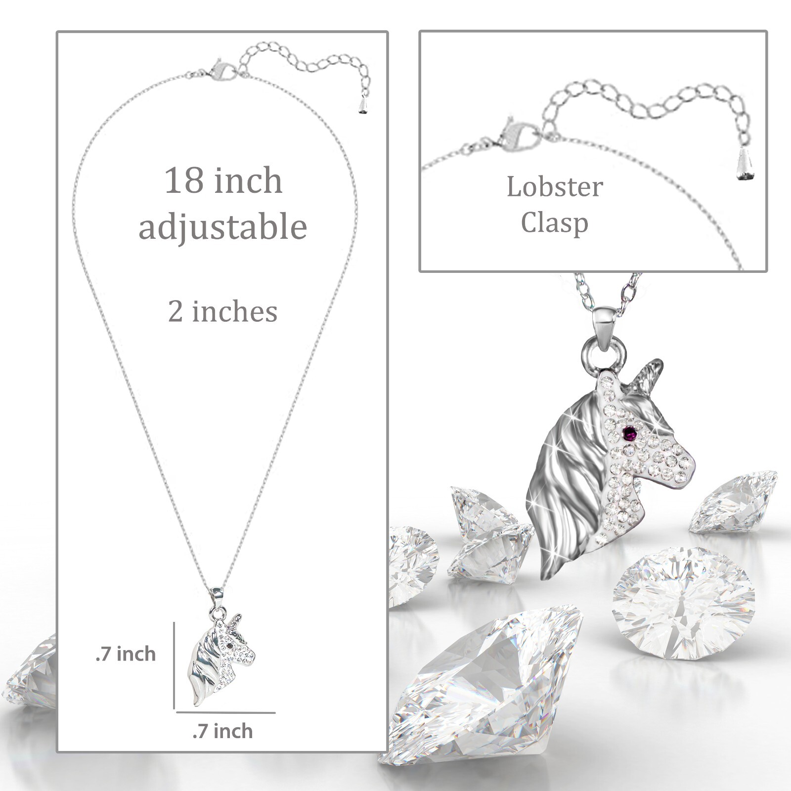 Silver Unicorn Necklace Cubic Zirconia Crystal Charm Gift Women Girls 18 inch
