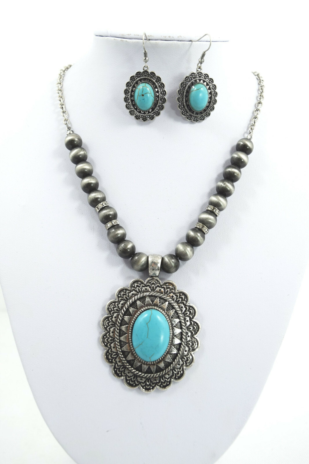 Cowgirl jewelry Boho Blue Faux Turquoise Pendant Necklace & Earrings Set For Her