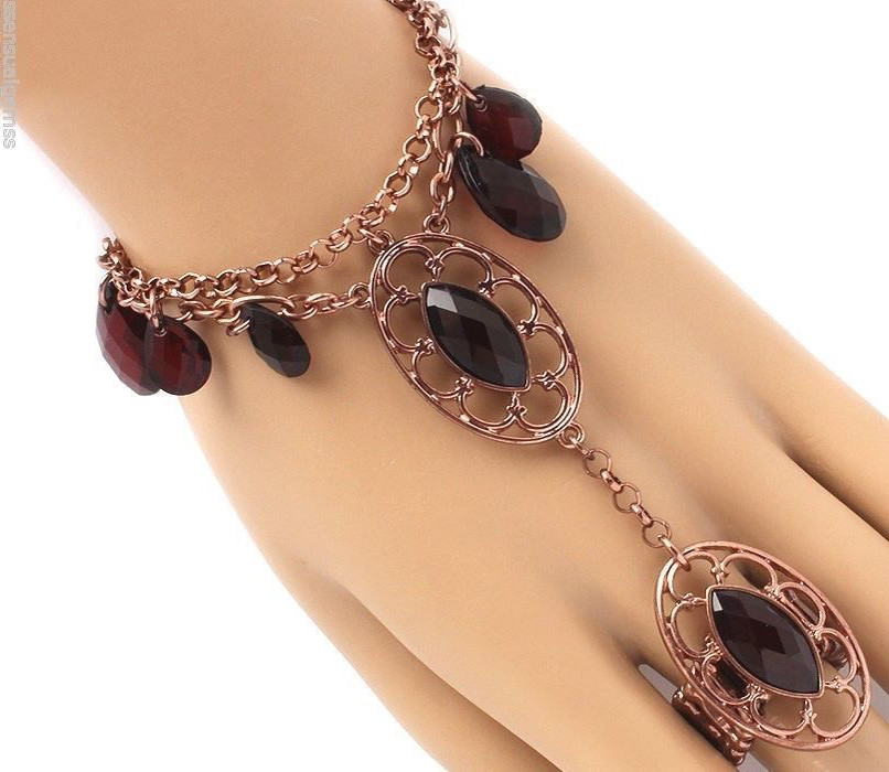 Burgundy Droplet Bracelet Women’s Ring Attached Copper Plated Slave Hand Chain