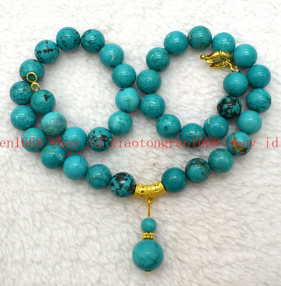 Natural 6/8/10/12mm Blue Turquoise Gemstone Round Beads Pendant Necklace 16-26in