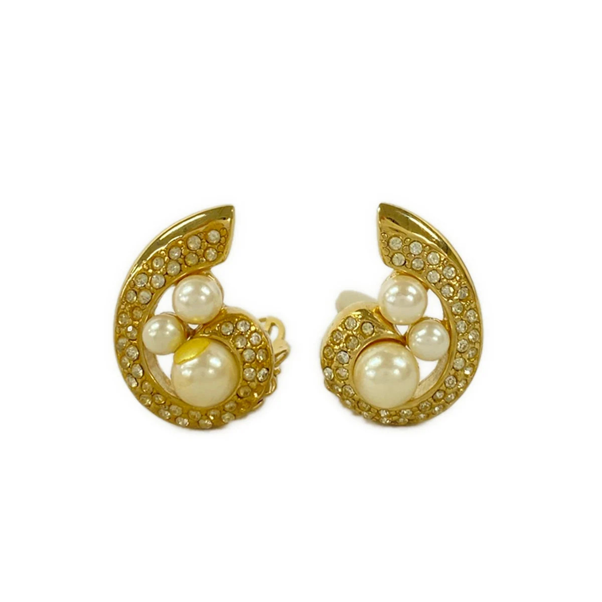 GIVENCHY – Gold Clear Cream Hardware Rhinestones Faux Pearl Clip On Earrings