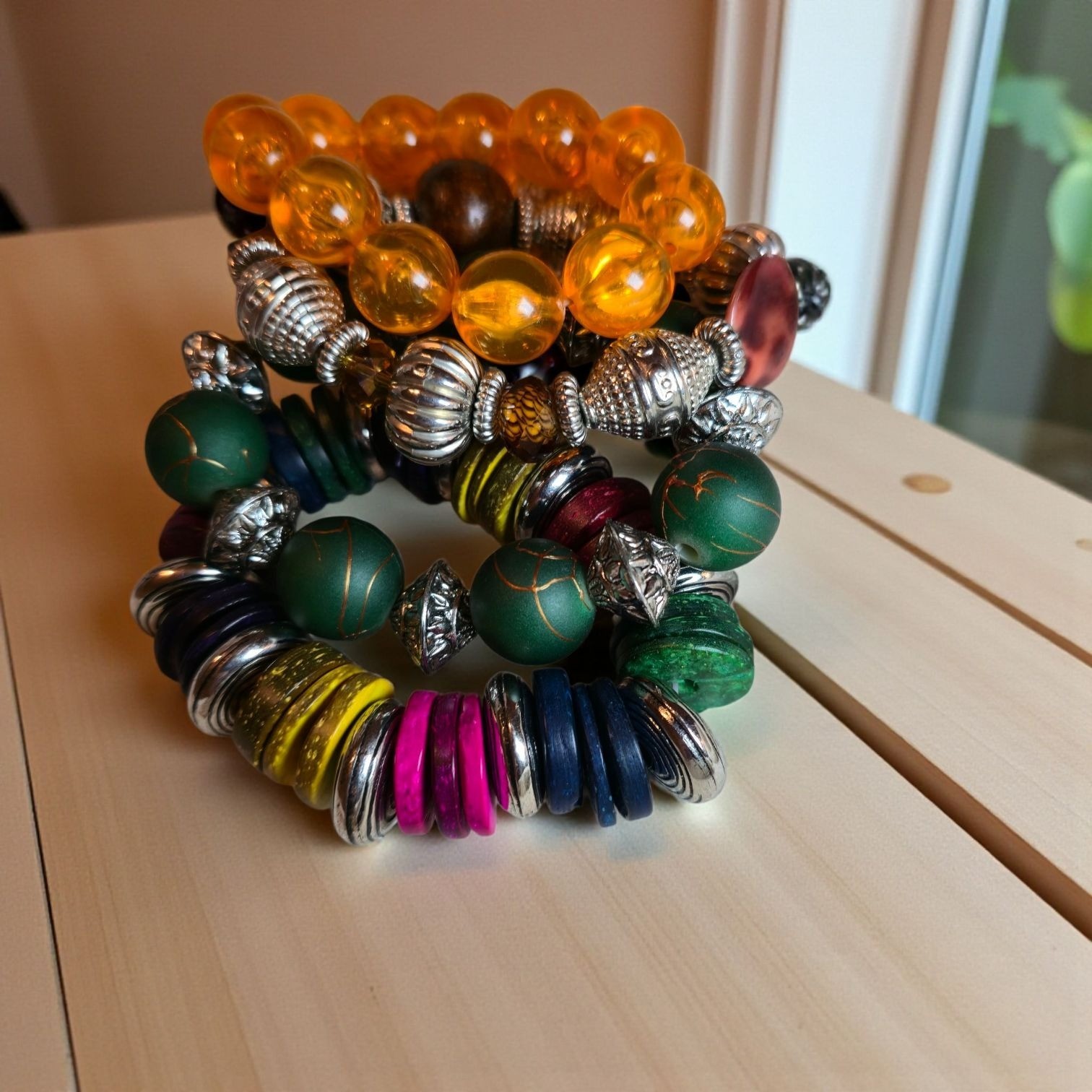 Colorful Beaded Stretch Bracelets 4 With Silver Accents & Mixed Materials (BX)