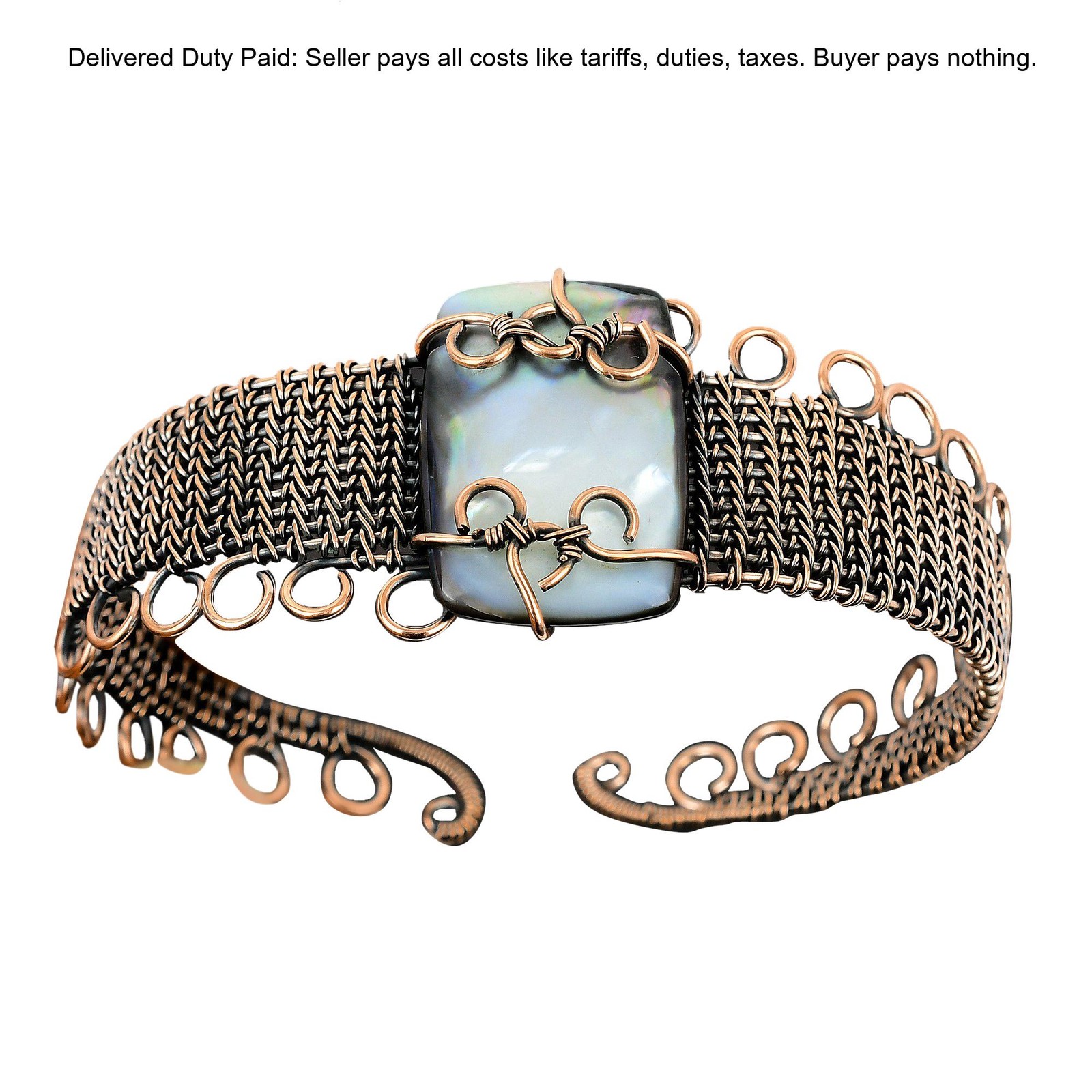 Copper Black Mother Of Pearl Stone Anniversary Wire Wrapped Wife Bangle Bracelet