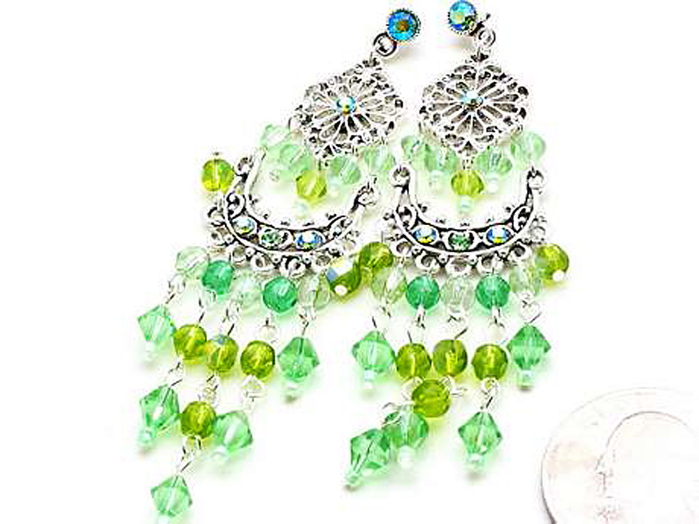 ICON 3.25 ” GREEN CRYSTAL CHANDELIER SILVER TONE FILIGREE BUTTERFLY EARRINGS NEW