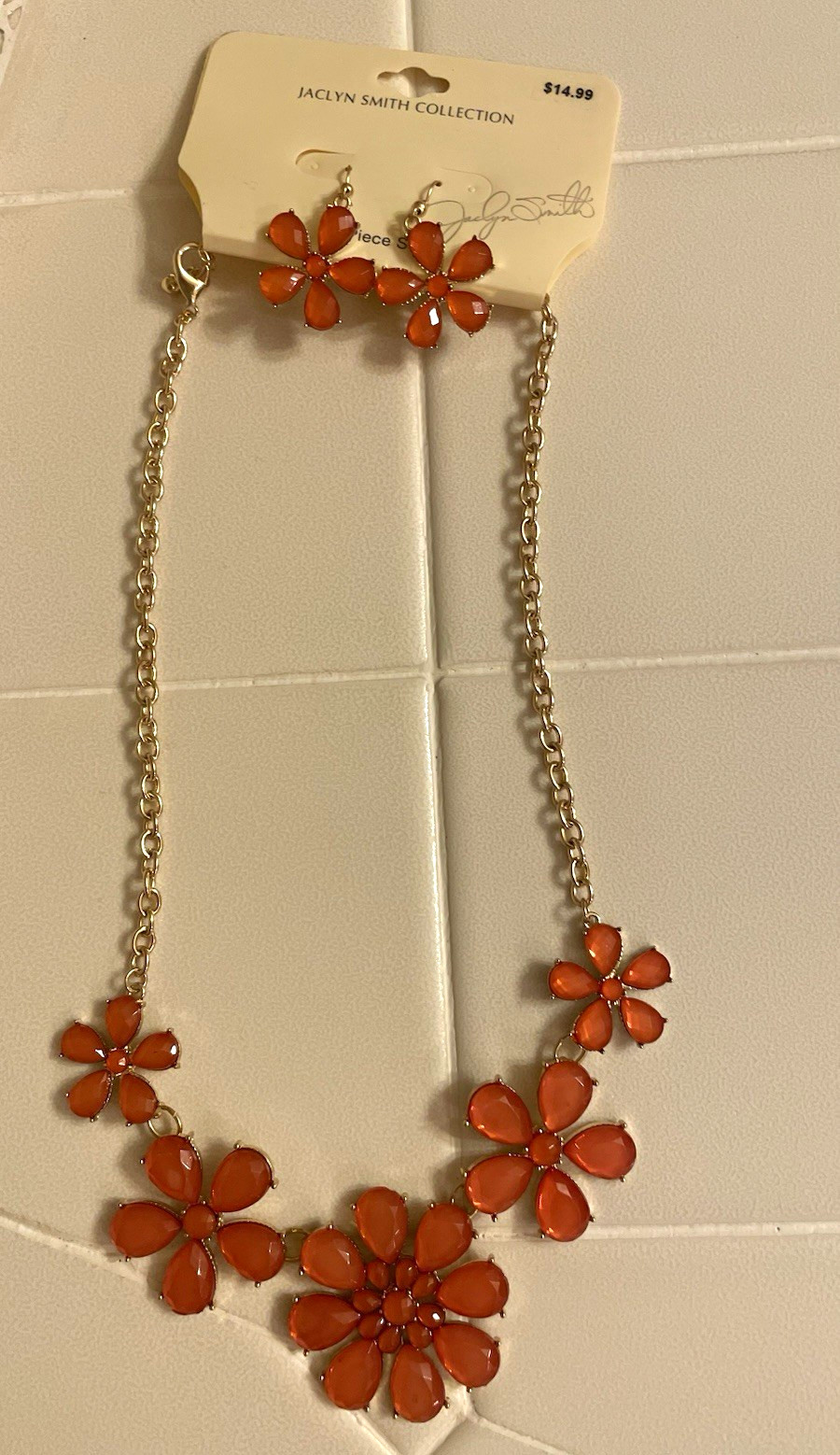 Jaclyn Smith Collection Signed Orange & Gold Flower Necklace Earrings Set