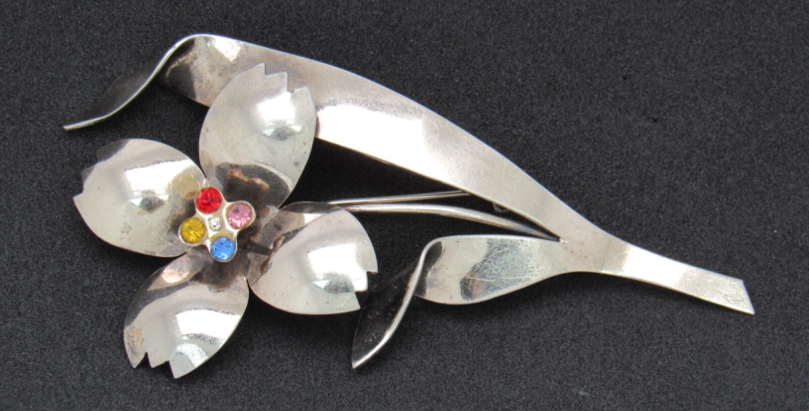 Sterling Silver Rhinestone Flower Floral Stemmed BROOCH PIN Vintage 13.3 grams