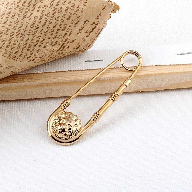 1pc Gold Alloy Double Lion Head Brooch Pin Fashion Safety Pins Brooch For Women