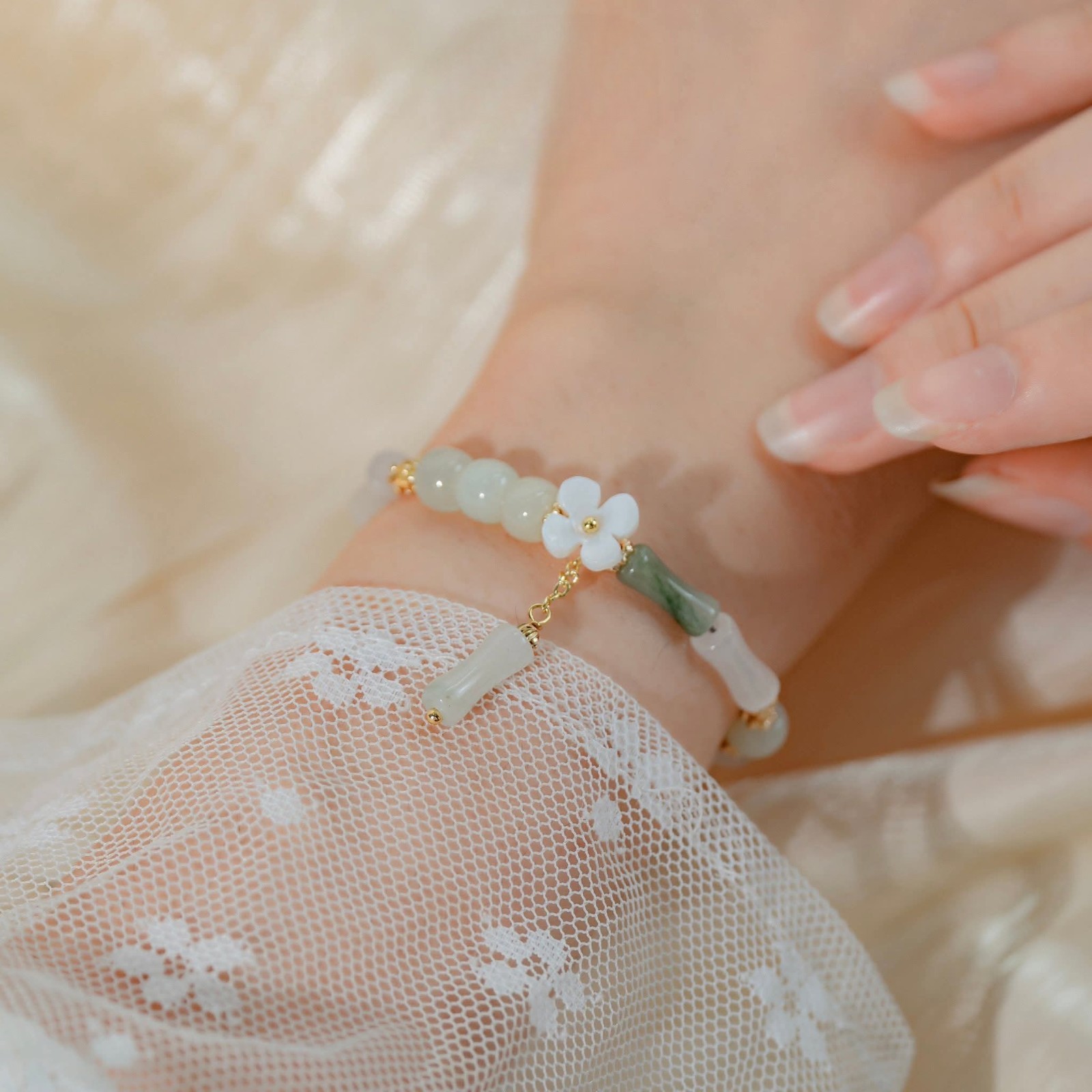 Genuine Hetian Jade Bracelet Bamboo Style Mother of Pearl Flower Gold Plated