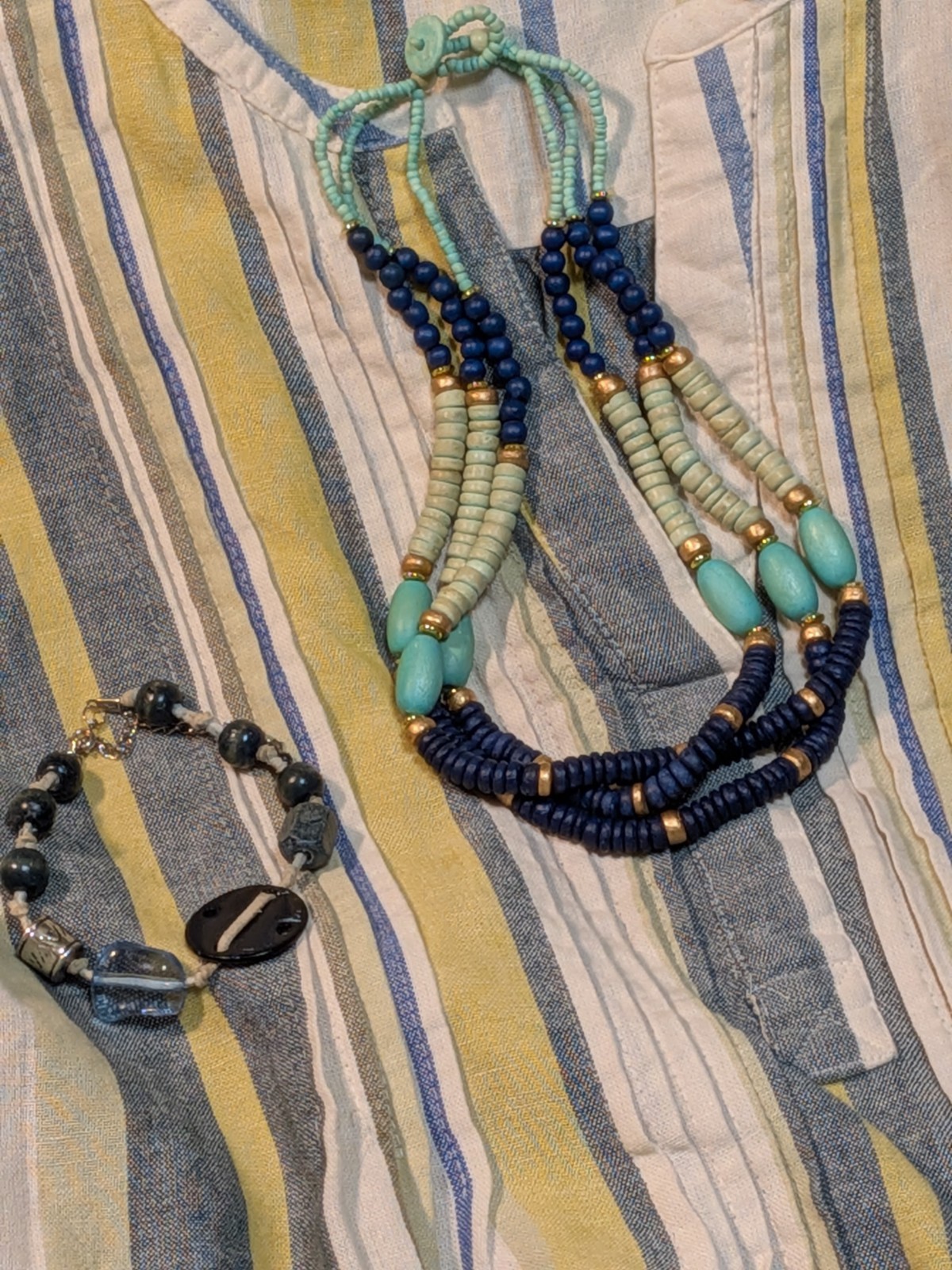 Handmade Boho Beaded Anklet Bracelet Mixed Materials Blue Glass & Metal Bead