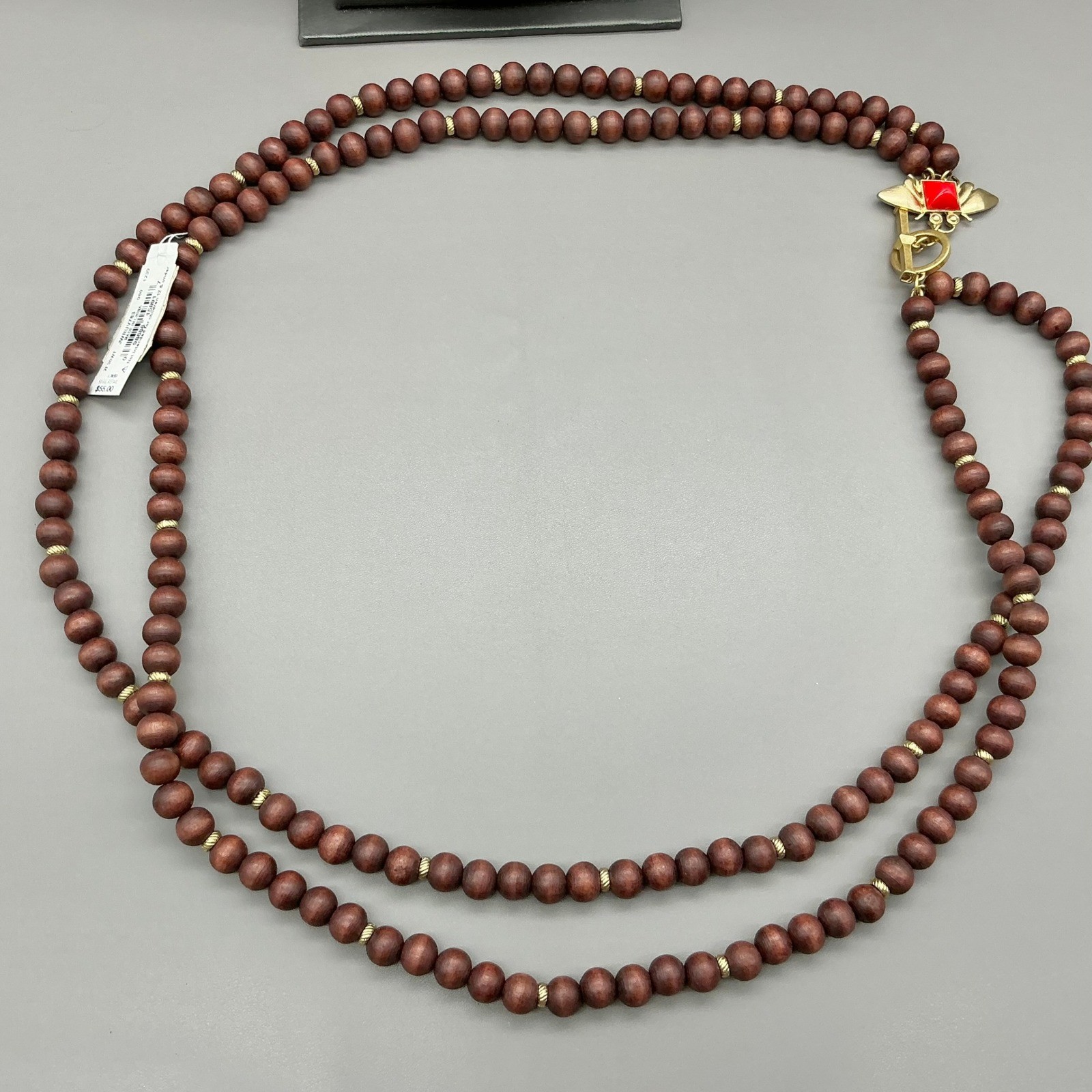 Liz Claiborne Necklace Womens Brown Wood Bead Gold Tone Bee Red Stone 36 Inches