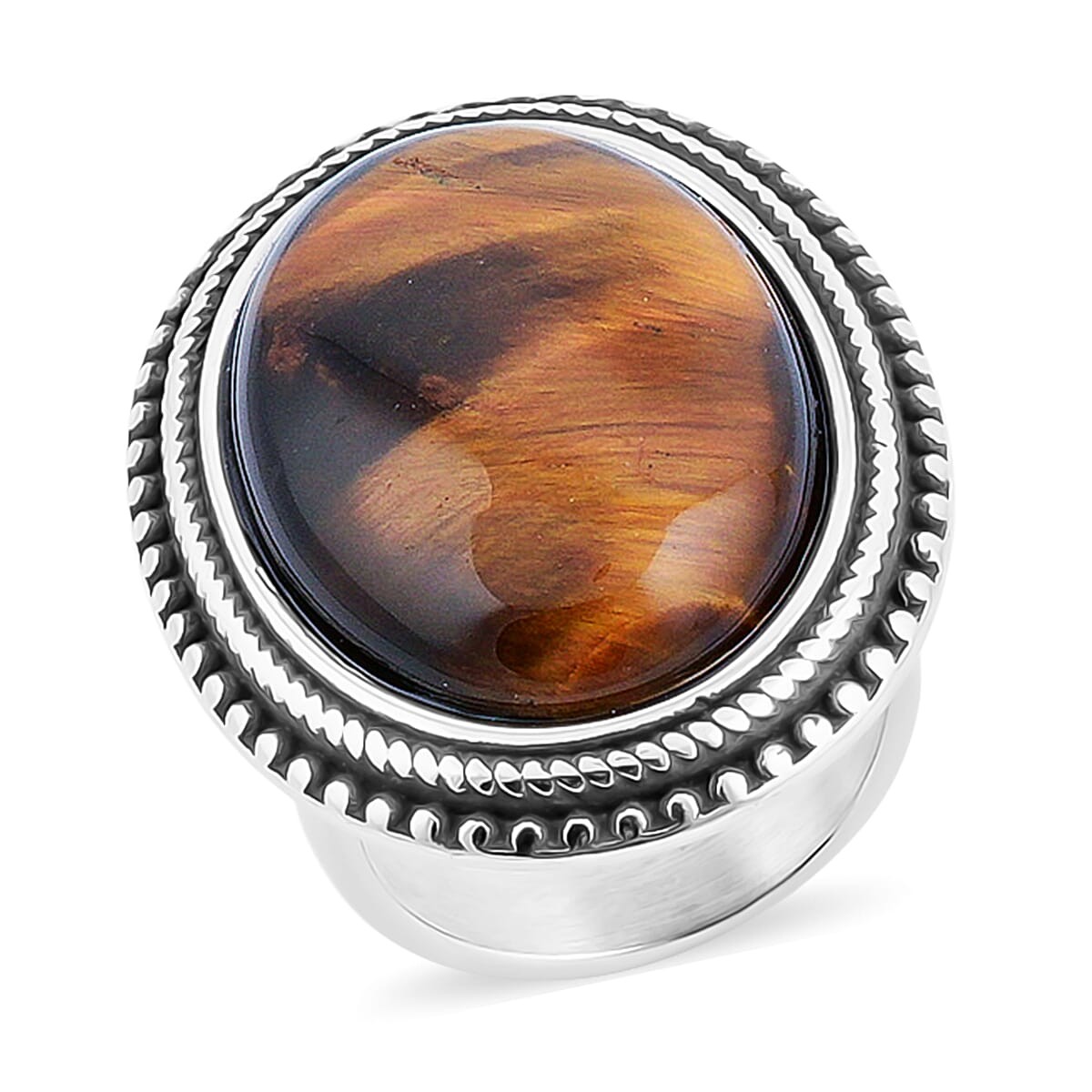 Yellow Tigers Eye 50.00 ctw Oval Ring in Stainless Steel Size 7.0