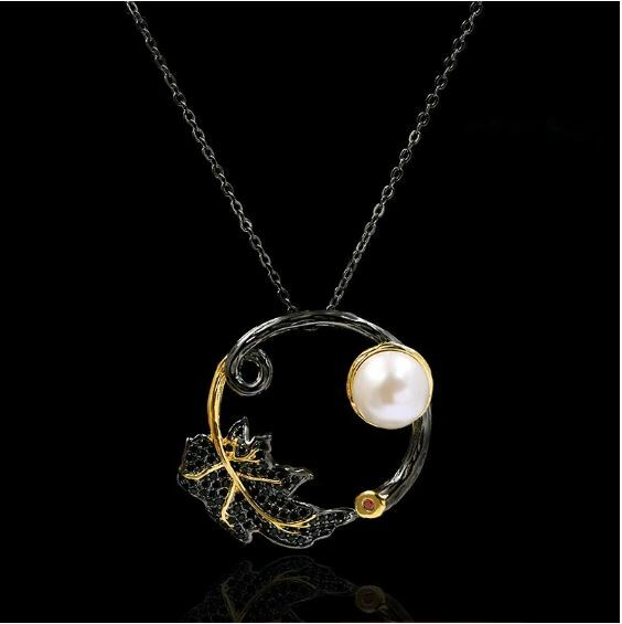 Black Gold Leaf Necklace With White Pearl Red Cubic Zirconia Womens | Fenris