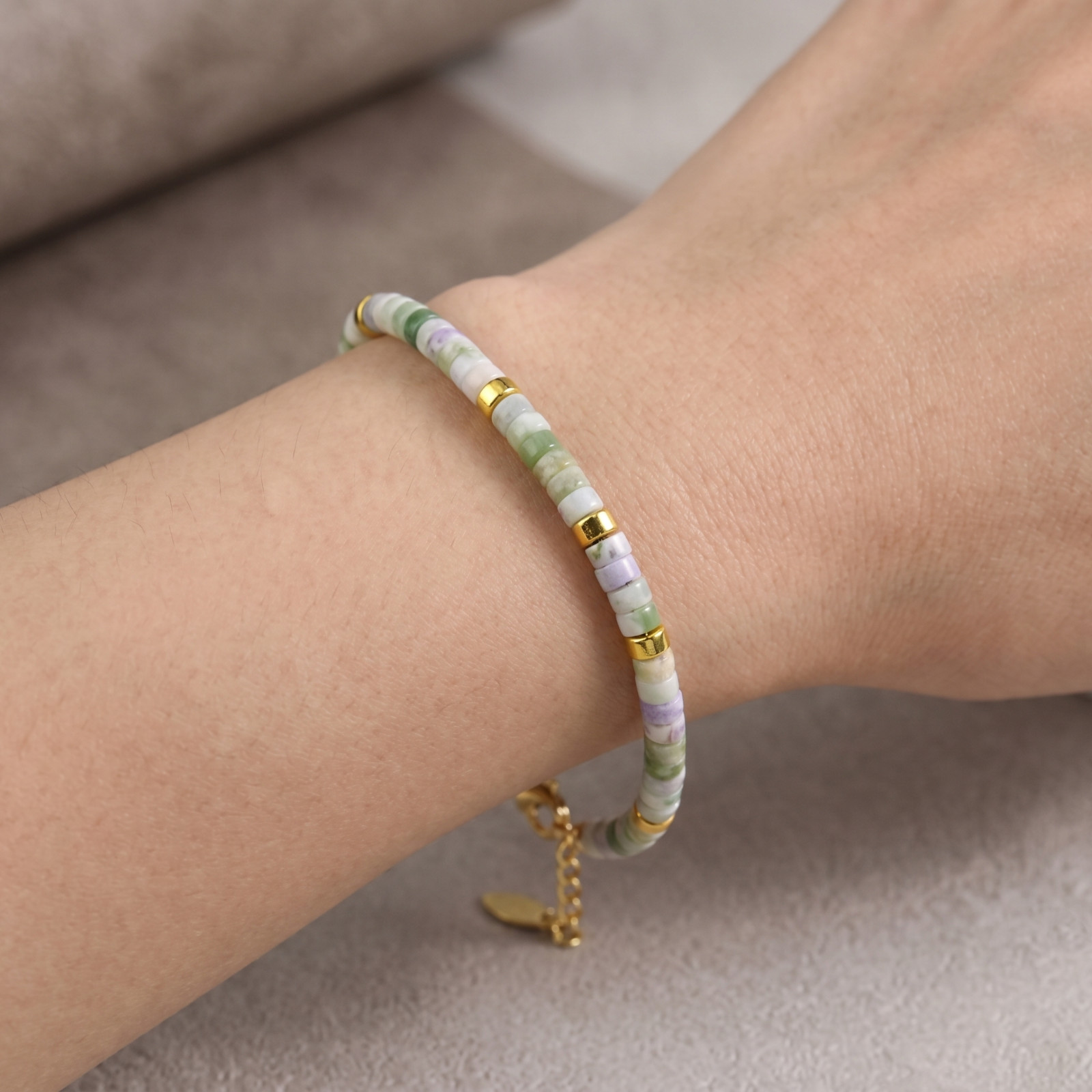 Natural Jade Stone Tila Beaded Bracelet Adjustable Stackable Healing Boho Style