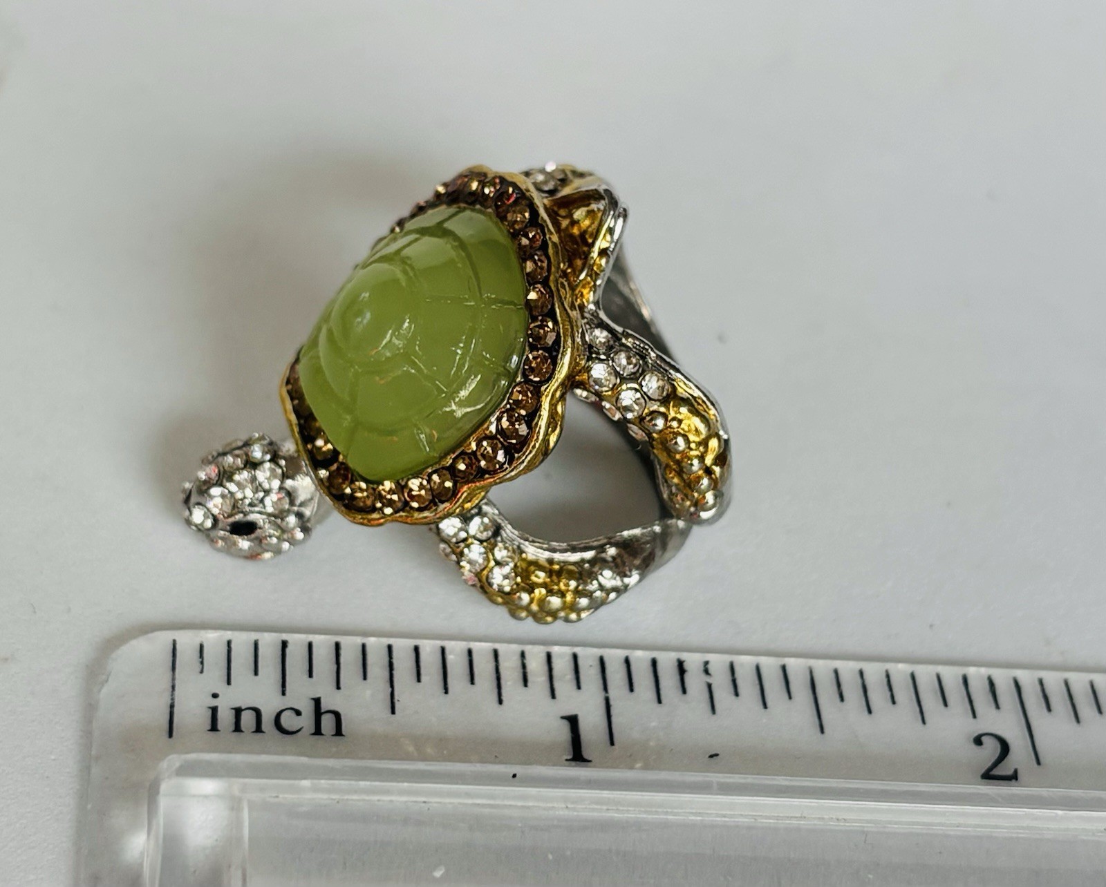 Textured Turtle Ring Two Tone Metal Inlaid Green Stone & rhinestones
