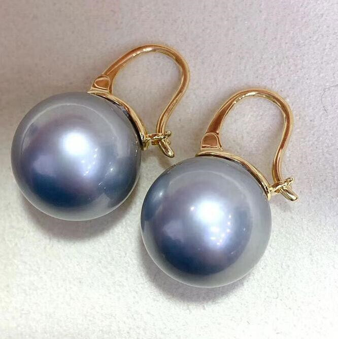 16mm Tahitian gray South Sea Shell Pearl Earring 18k gold Earlobe Accessories