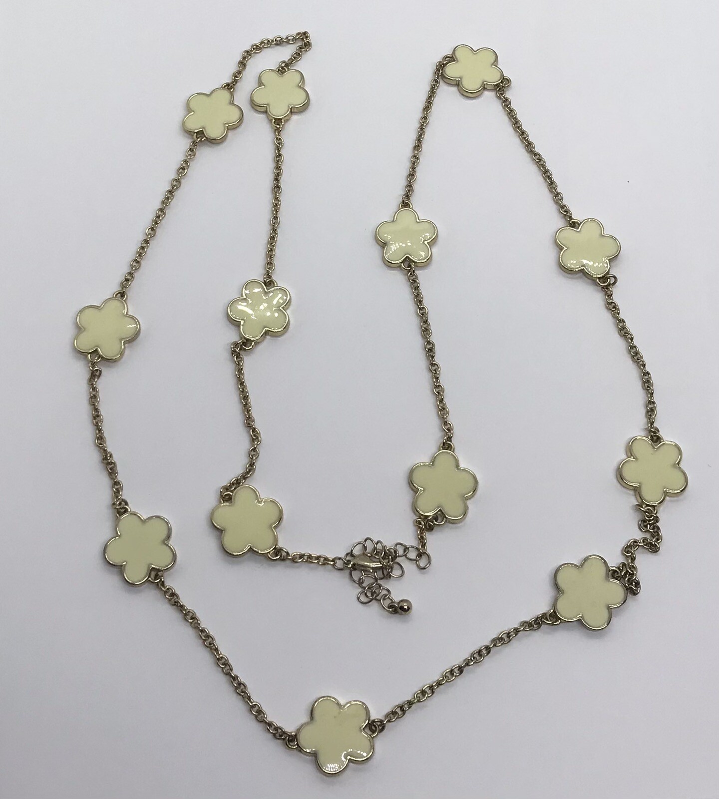 Gold tone satellite off white flowers chain necklace 38 inches long