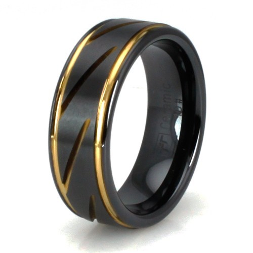 Classic Black Ceramic Gold Tire Grooved Line Design Band, Size 10-12