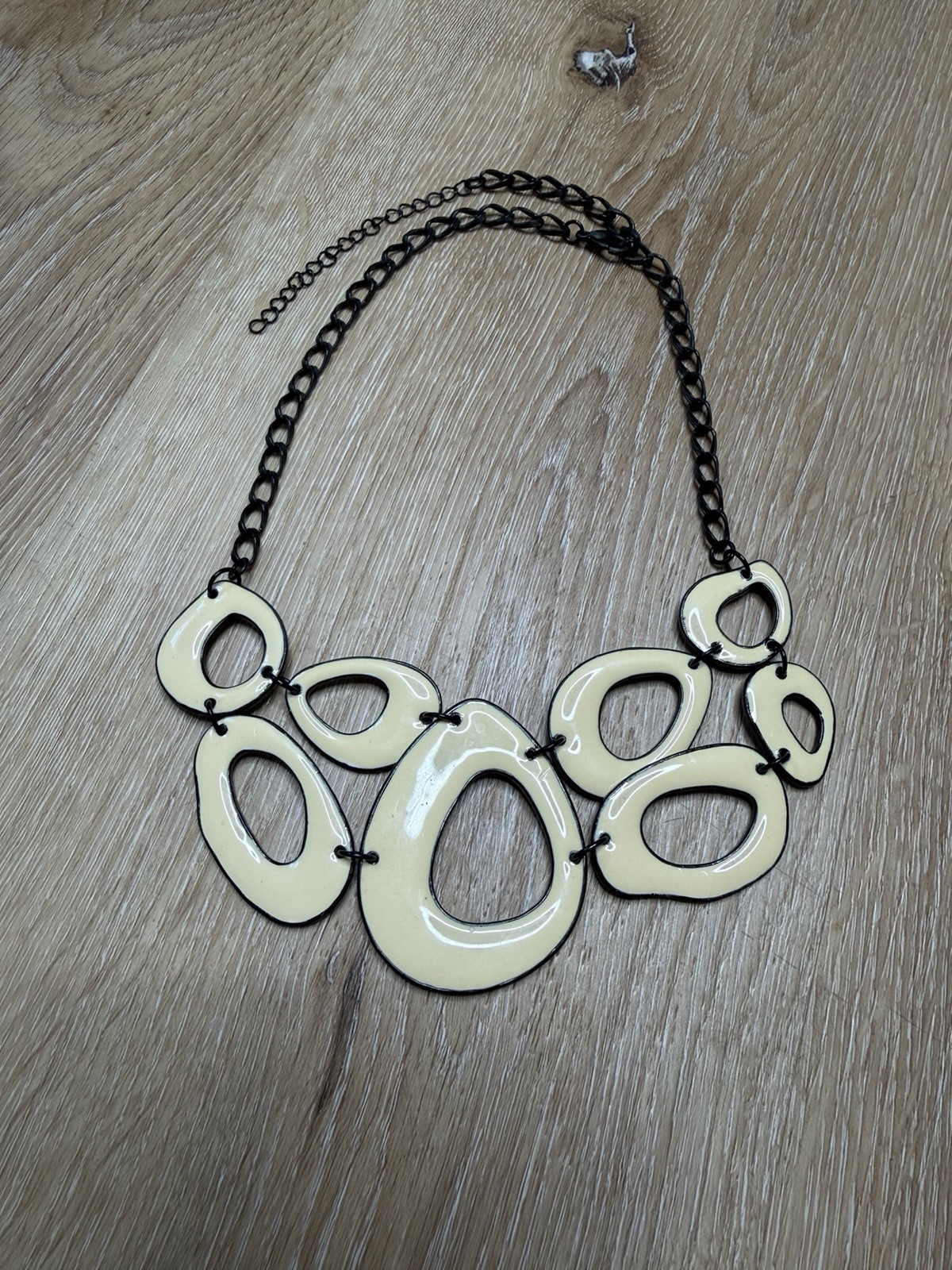 Black Enamel Statement Bib Necklace, Cable Chain Geometric Oval Link