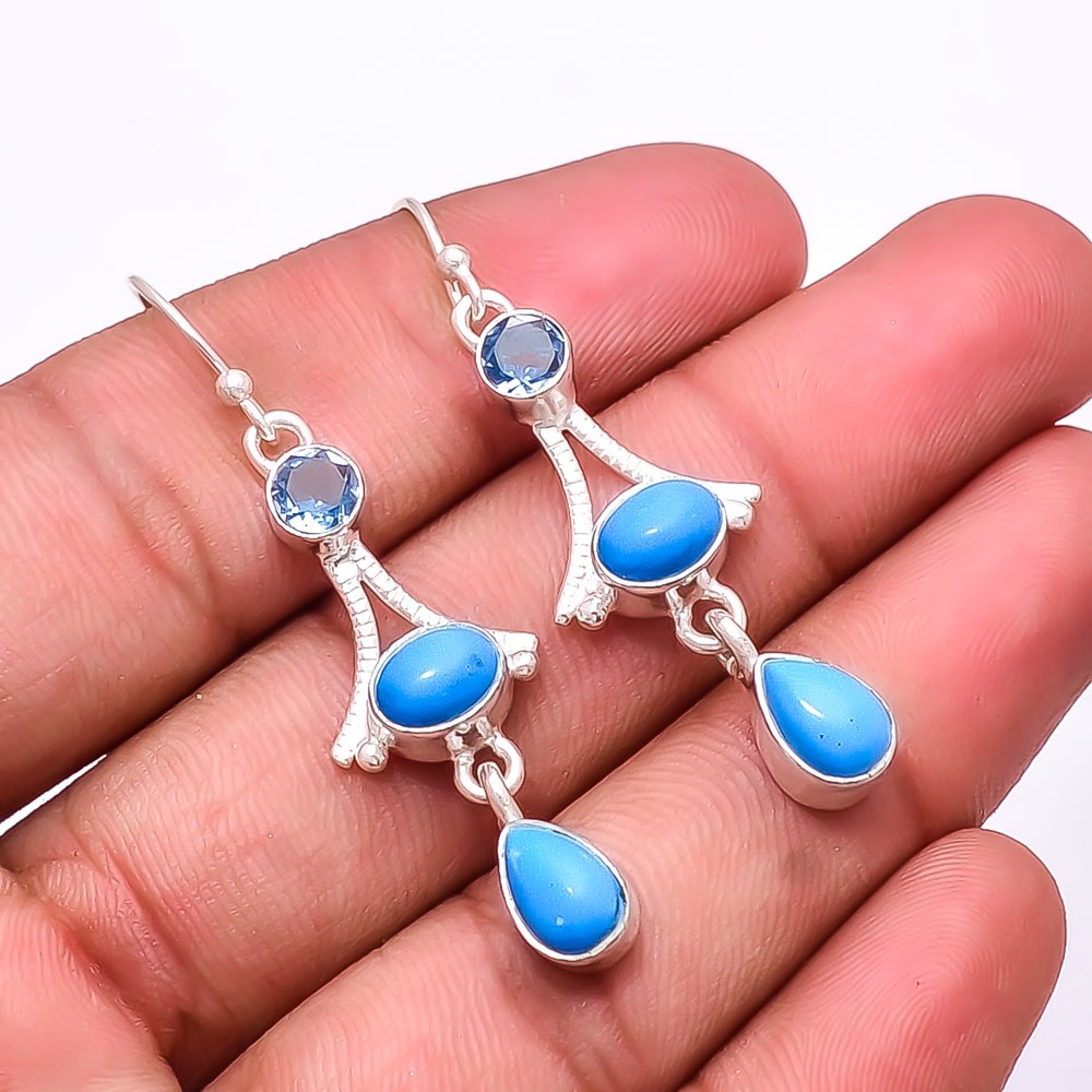 Sleeping Beauty Turquoise Multi Collet 925 Sterling Silver Earring 2.03″ E30