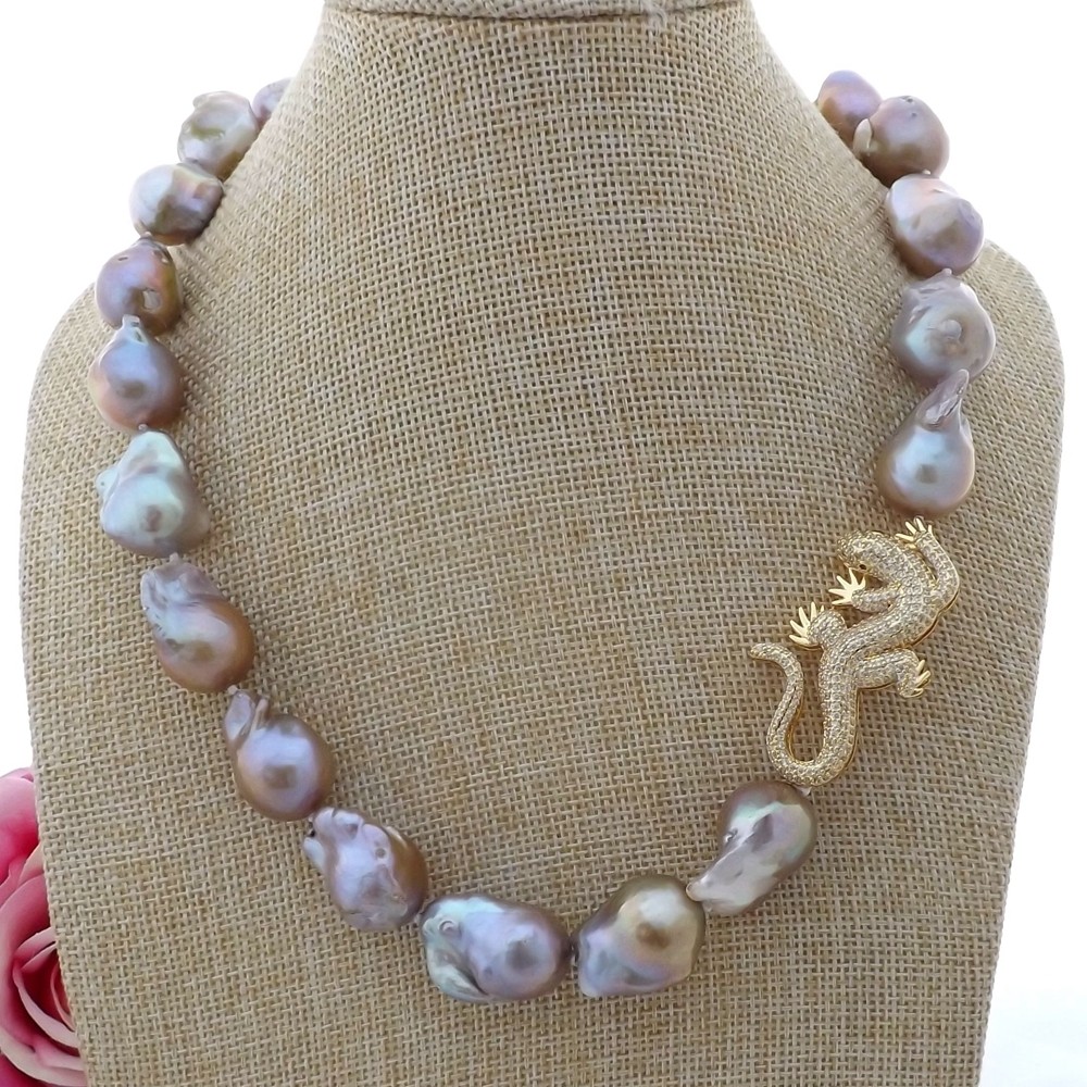 19″ 16x23MM Purple Keshi Pearl CZ Lizard Connector Necklace