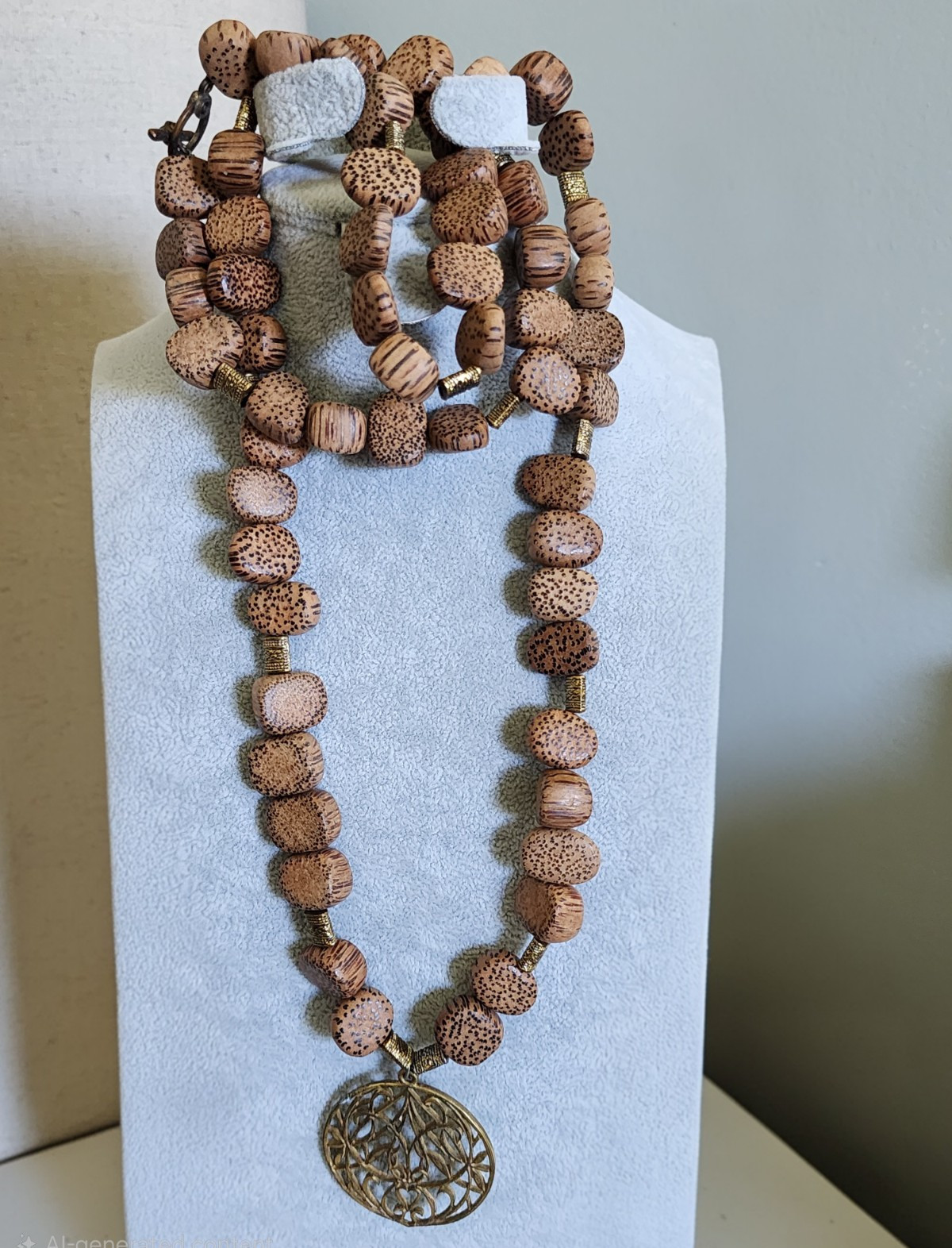 Brown Wood Beaded Necklace with Gold Tone Round Charm Pendant Lobster Clasp 40″