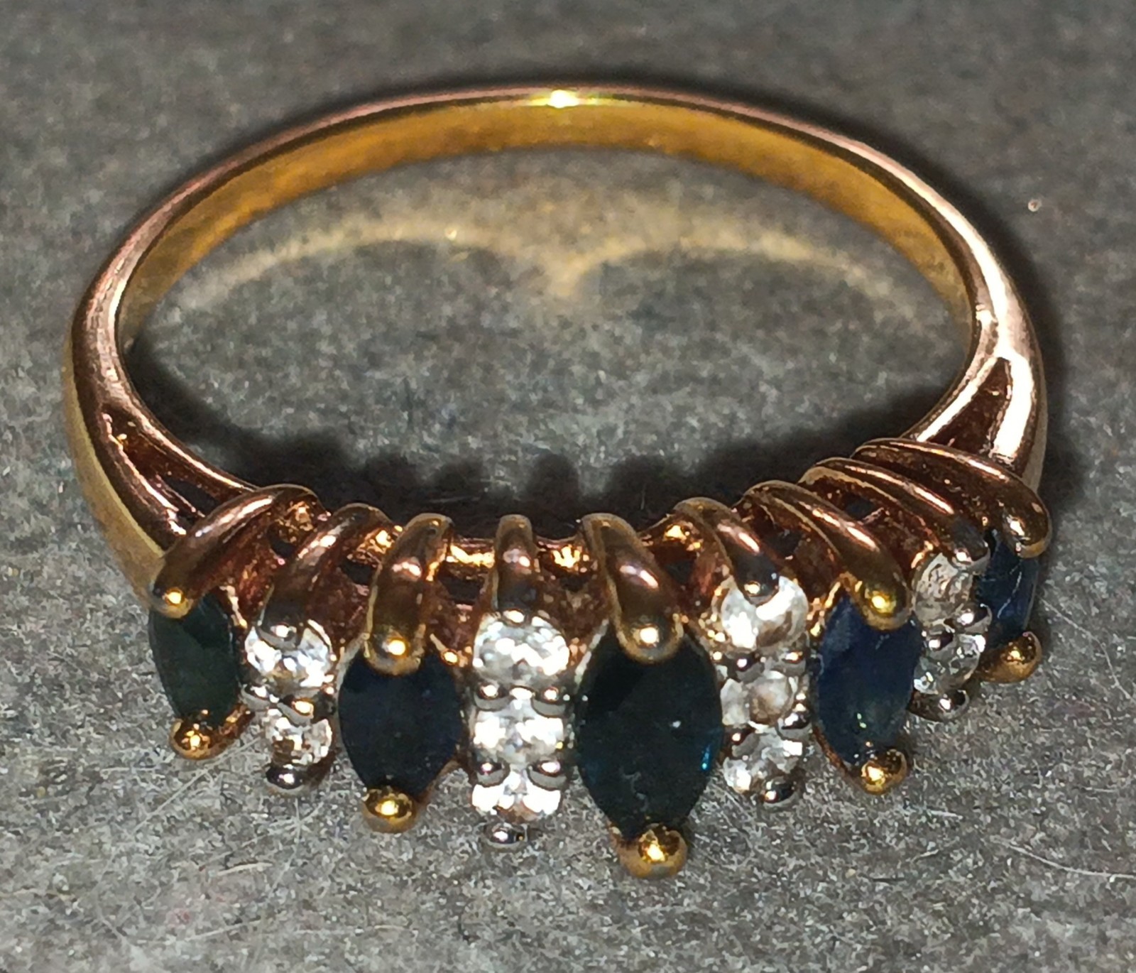Dark Blue Ring Marques Cut Stone Resembling Sapphire And Gold Tone