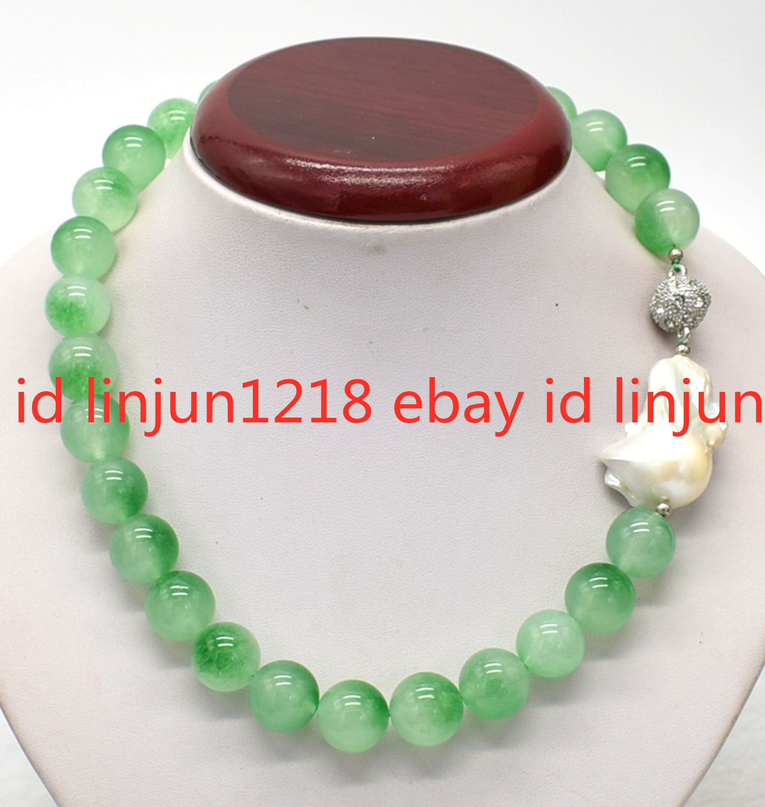 Beautiful 14mm Green Jade Gemstone 15-20mm White Baroque Pearl Necklace 18” AAA