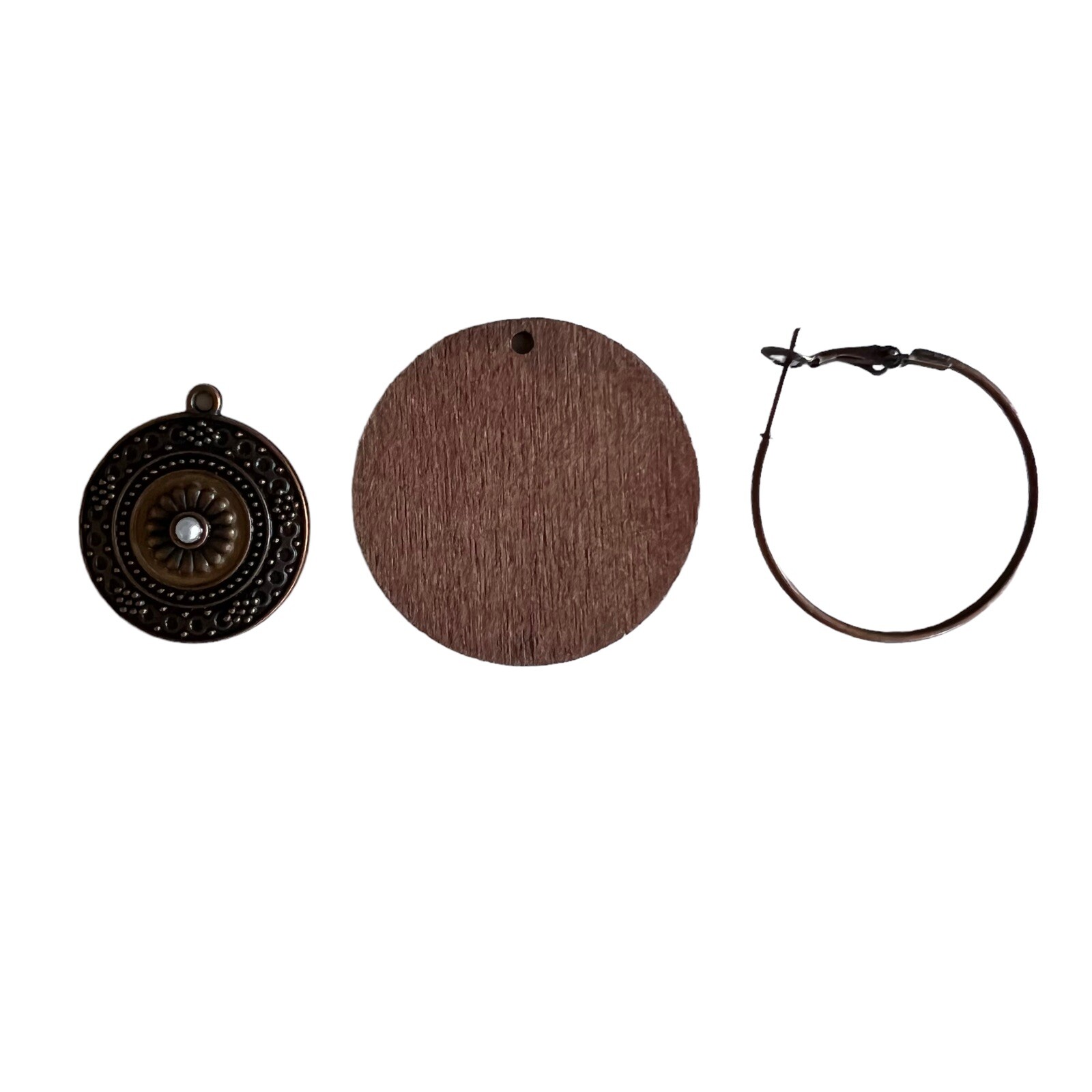 Round Wood Bronze Alloy Double Pendant Set With Pearl Embellished Earrings New