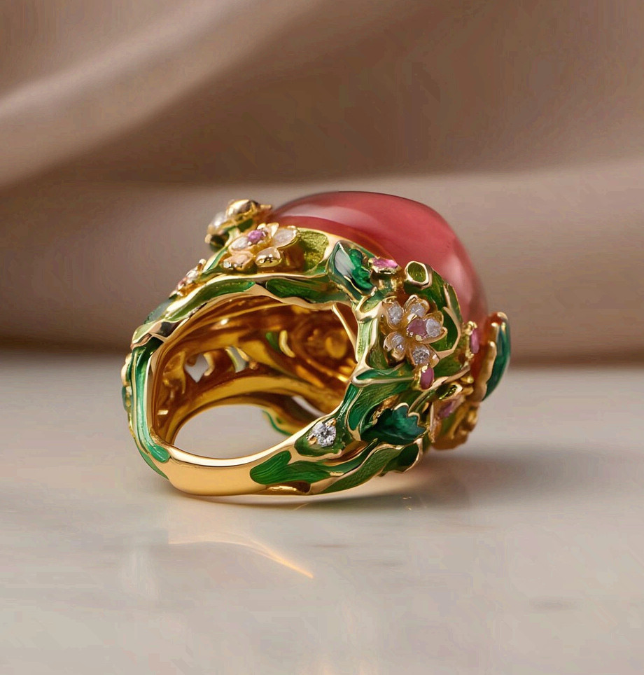 Copper Flower Cocktail Ring Red Cubic Zirconia Handmade Statement Band