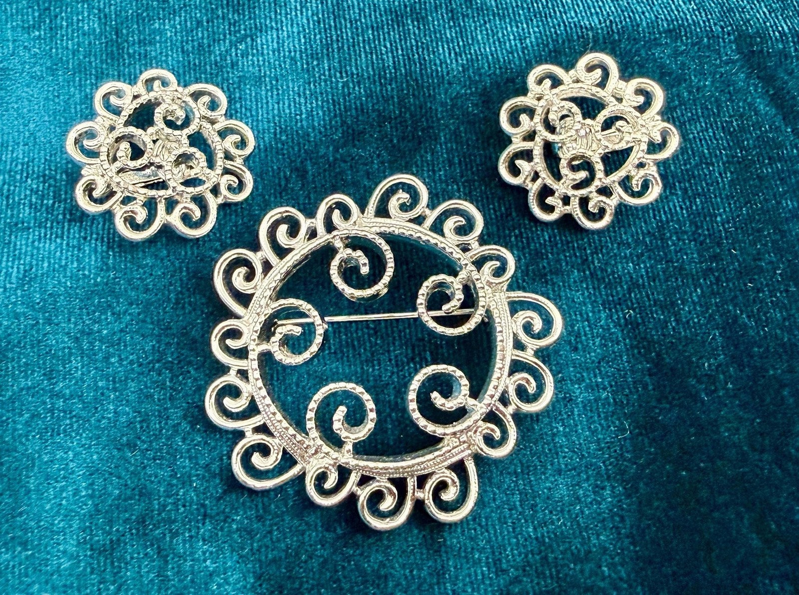 Sarah Coventry Silver Tone Filigree Brooch and Earrings Set, 1970s Scrollwork Je