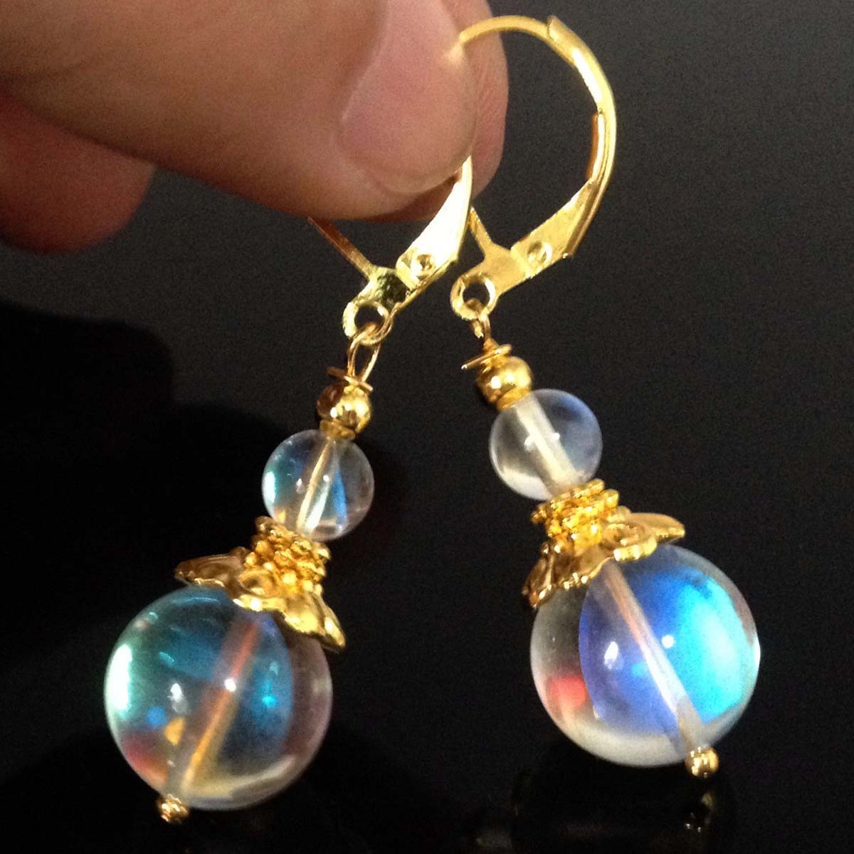Handmade 4mm 10mm White Moonstone Round Gemstone 14k GP Leverback Dangle Earring