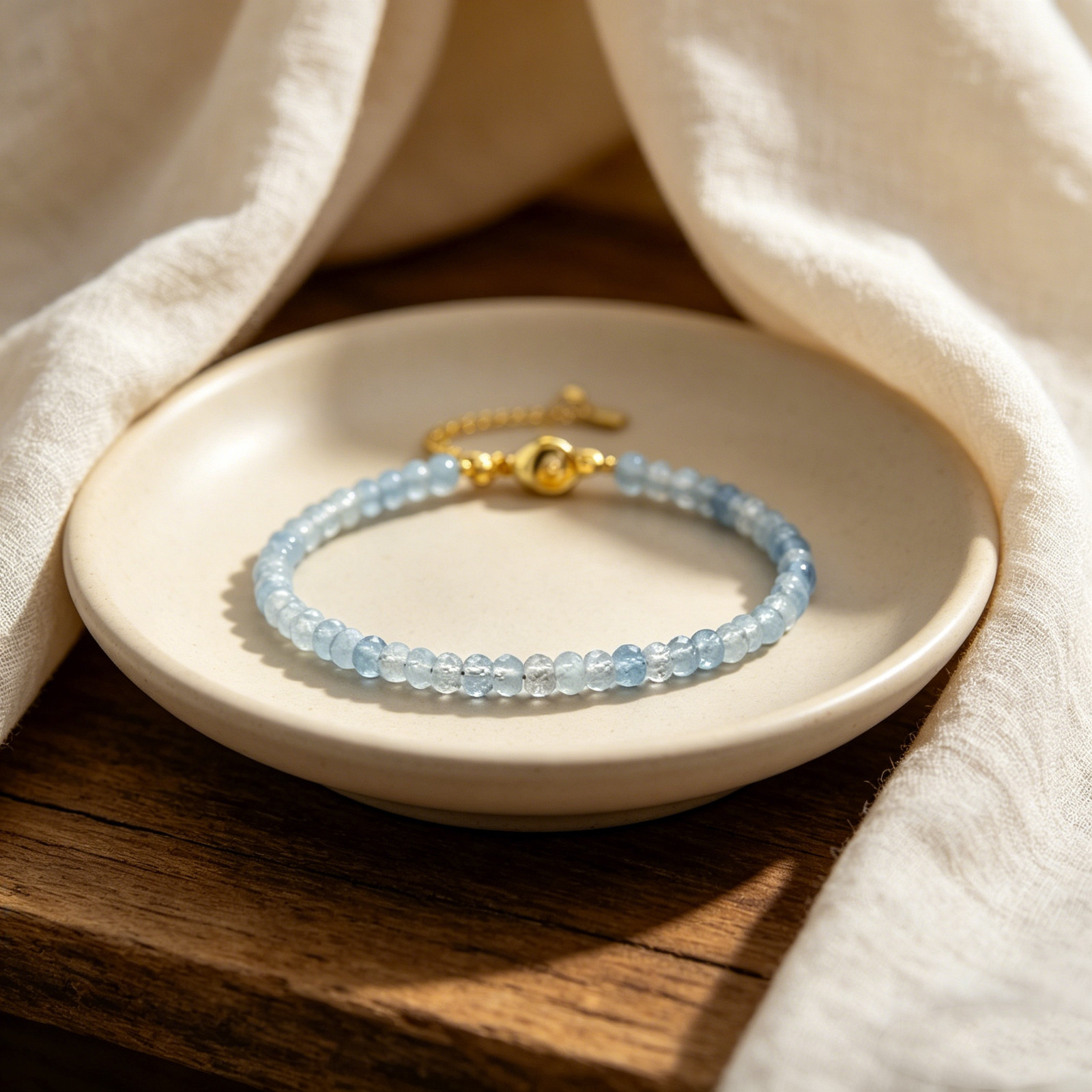 3mm Natural Aquamarine Faceted Beaded Adjustable Bracelet Gold Tone