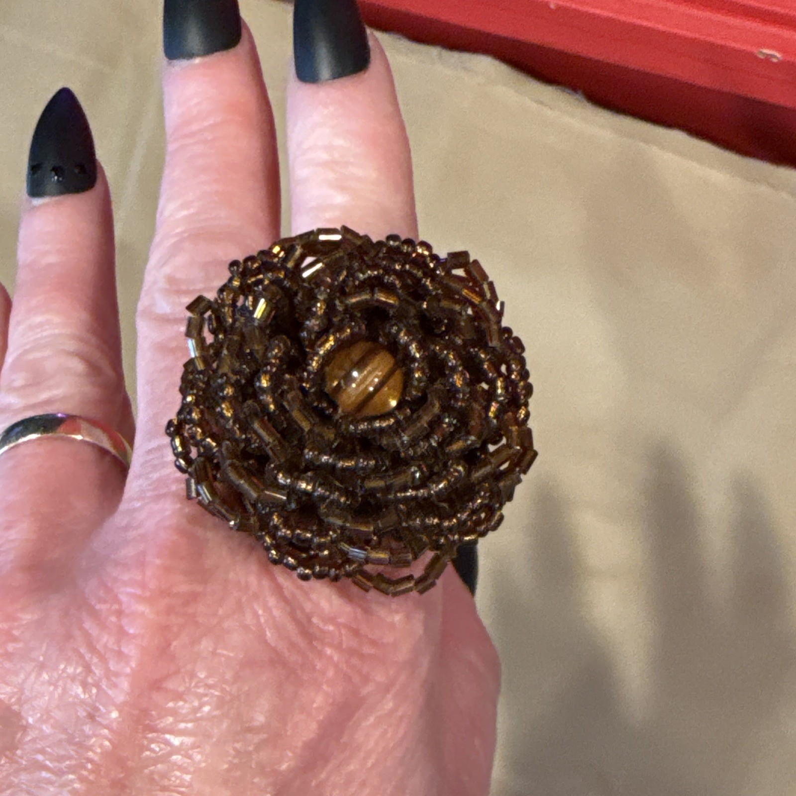 Vintage Boho Brown Beaded Flower Statement Ring, Size 6, New without tags