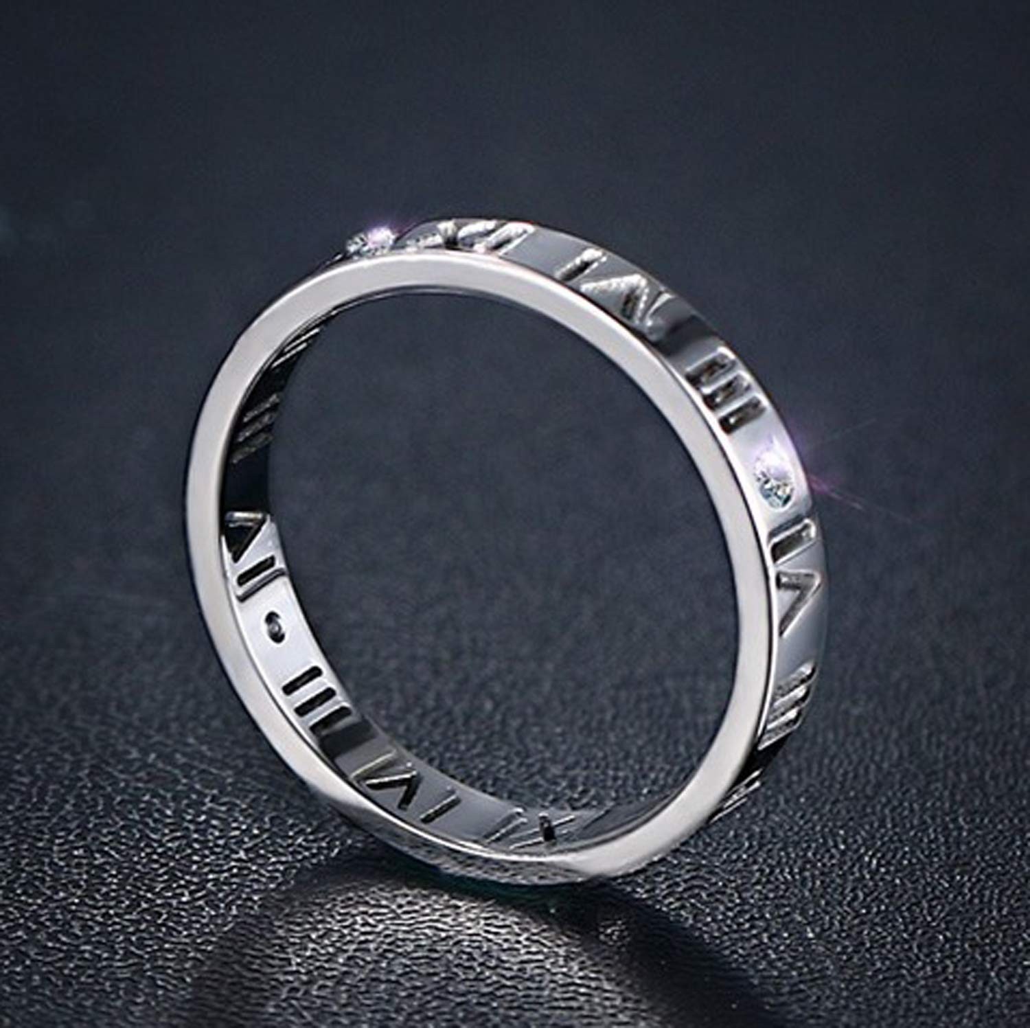 Openwork Roman Numerals Ring for Women Men of Stainless Steel & CZ Setting Si…