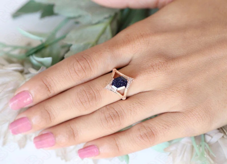 Hexagon Sandstone Engagement Ring Wedding Ring For Womens Anniversary Gift