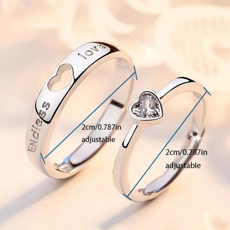 Men’s and Women’s Hollowed Heart Rhinestone Ring Open Zinc Alloy Couples Ring
