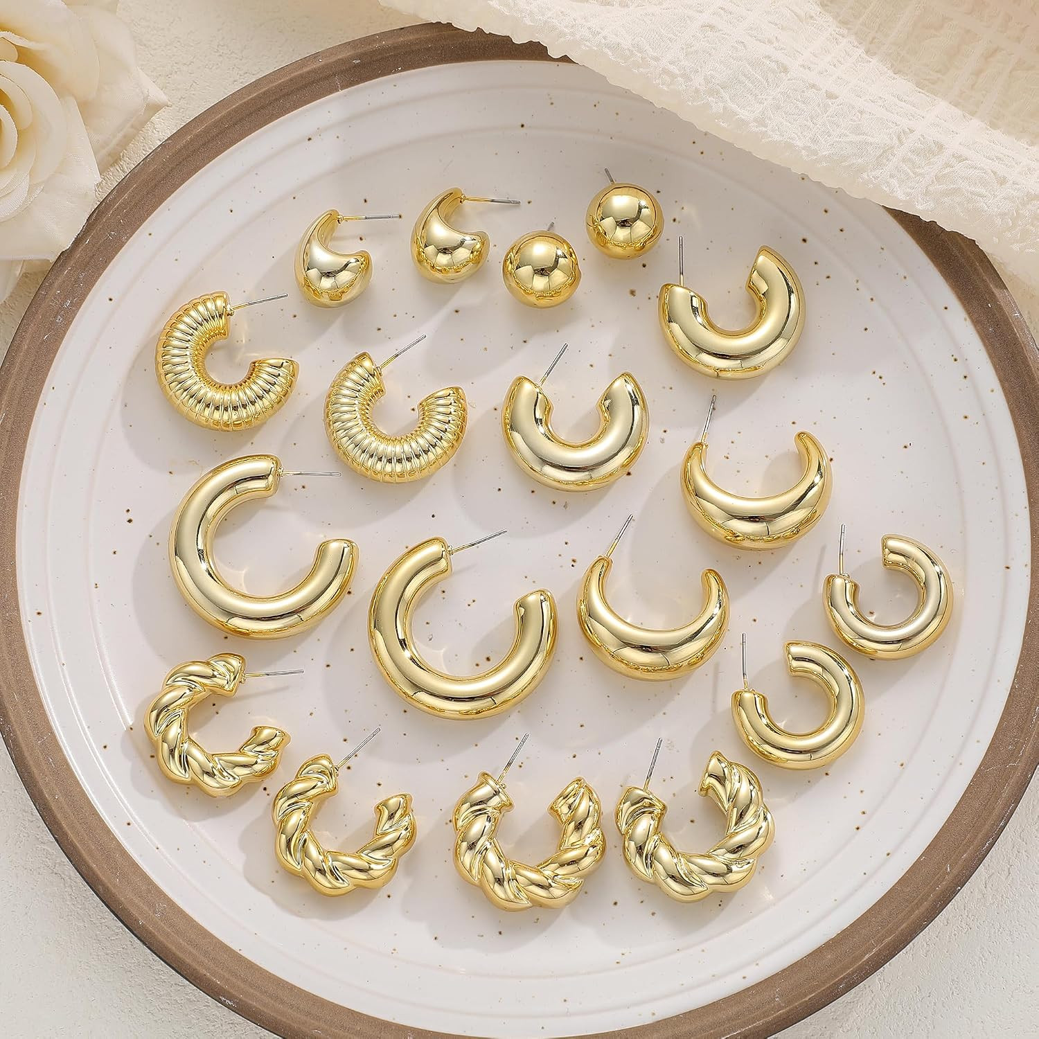 12 Pairs Chunky Gold Hoop Earrings for Women Trendy, Gold Plated Lightweight Hyp