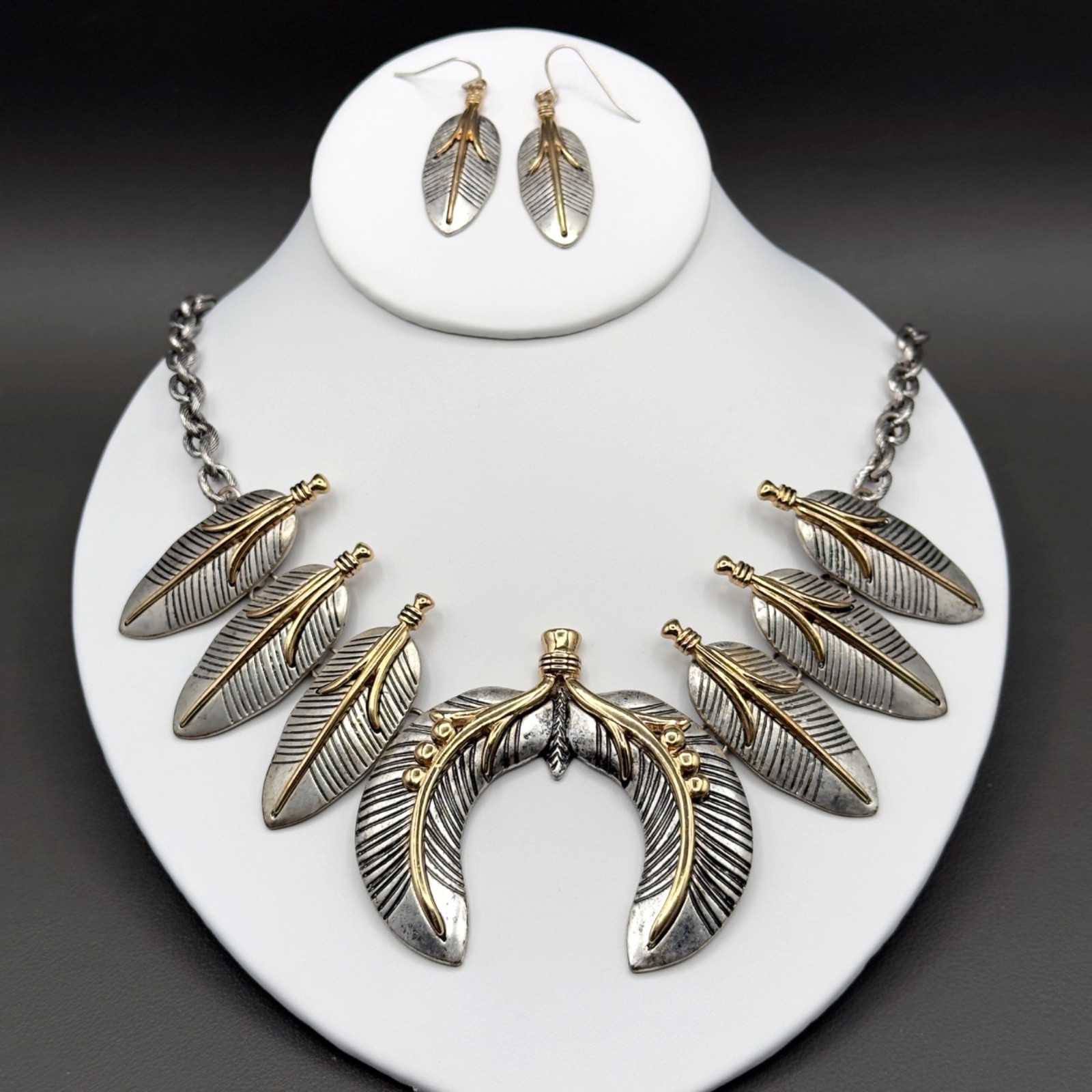 Mixed Metal Feather Boho Statement Necklace Earring Set Southwestern Chunky