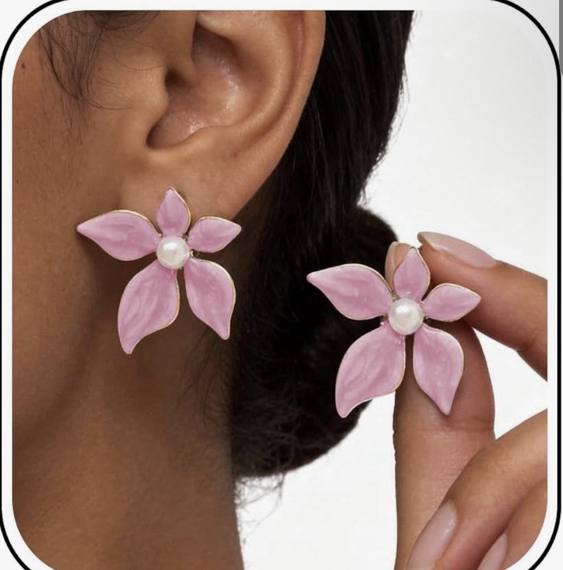 Pink Acrylic Flower Stud Earrings White Round Pearl Center Butterfly No Stone