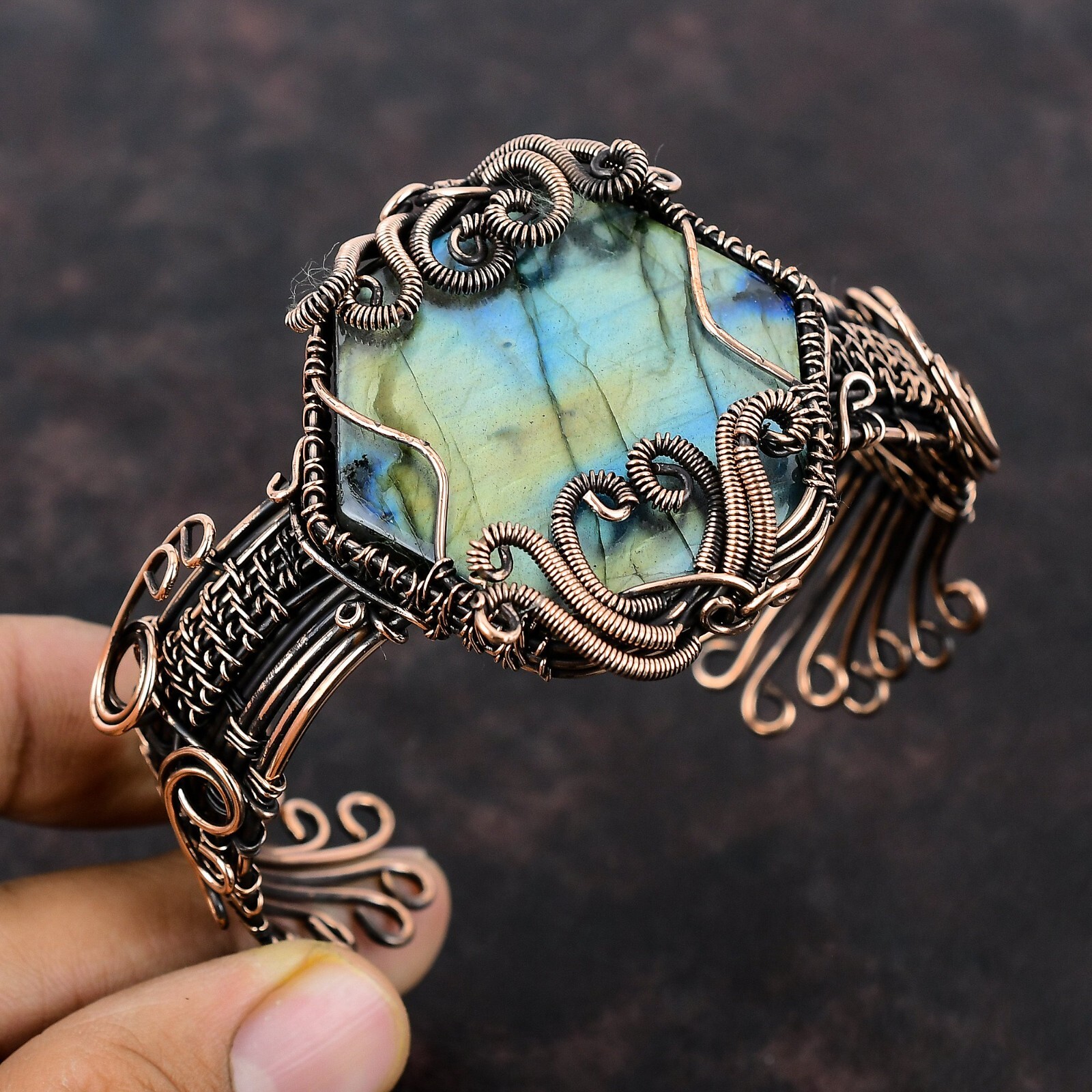 Women Day Gift Labradorite Jewelry Copper Love Gift Wire Wrapped Adjustable Cuff