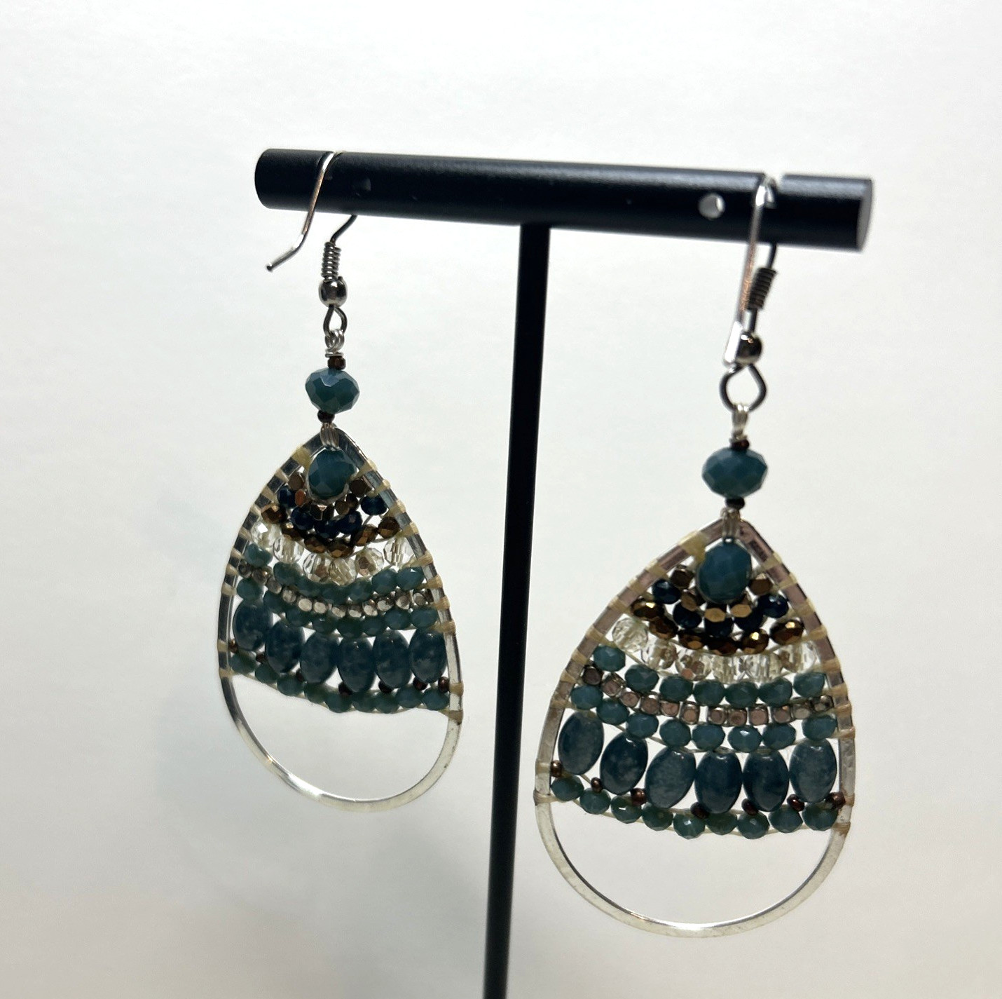 Vintage Boho Beaded Earrings Teardrop, Turquoise Beads, Wire Wrapped