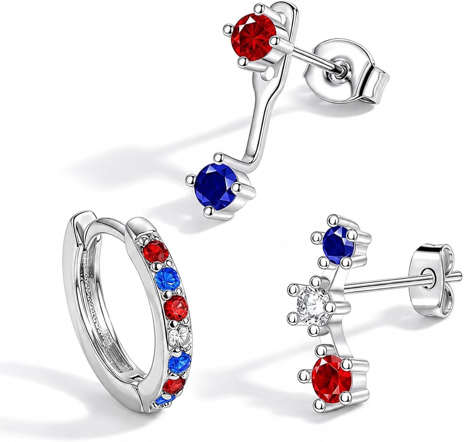 3 Pairs Dainty Small Earrings for Women, Trendy Red White Blue Patriotic Stud, H