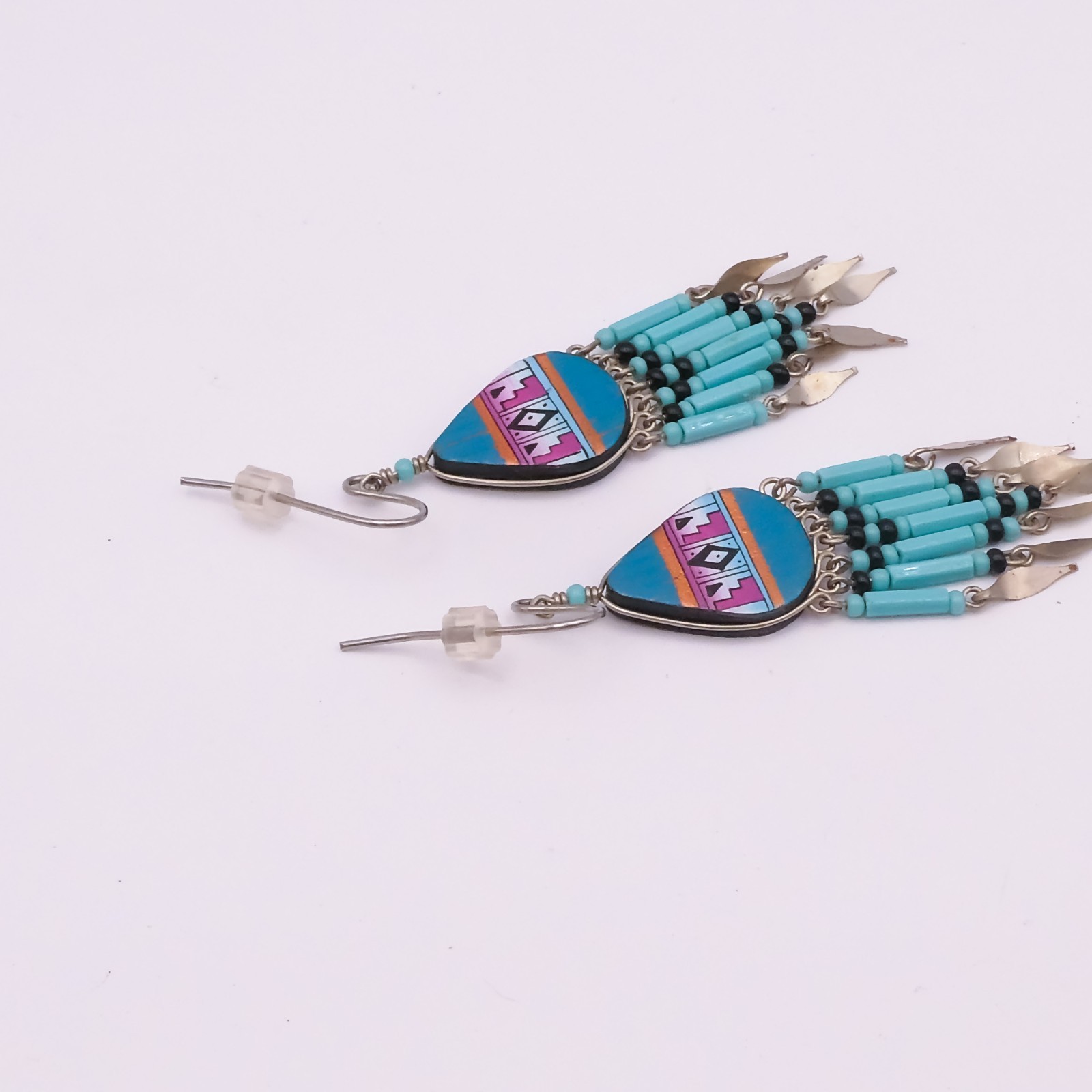Vintage Handmade Turquoise Handpainted Chandalier Drop-Dangle 2.5″ Earrings